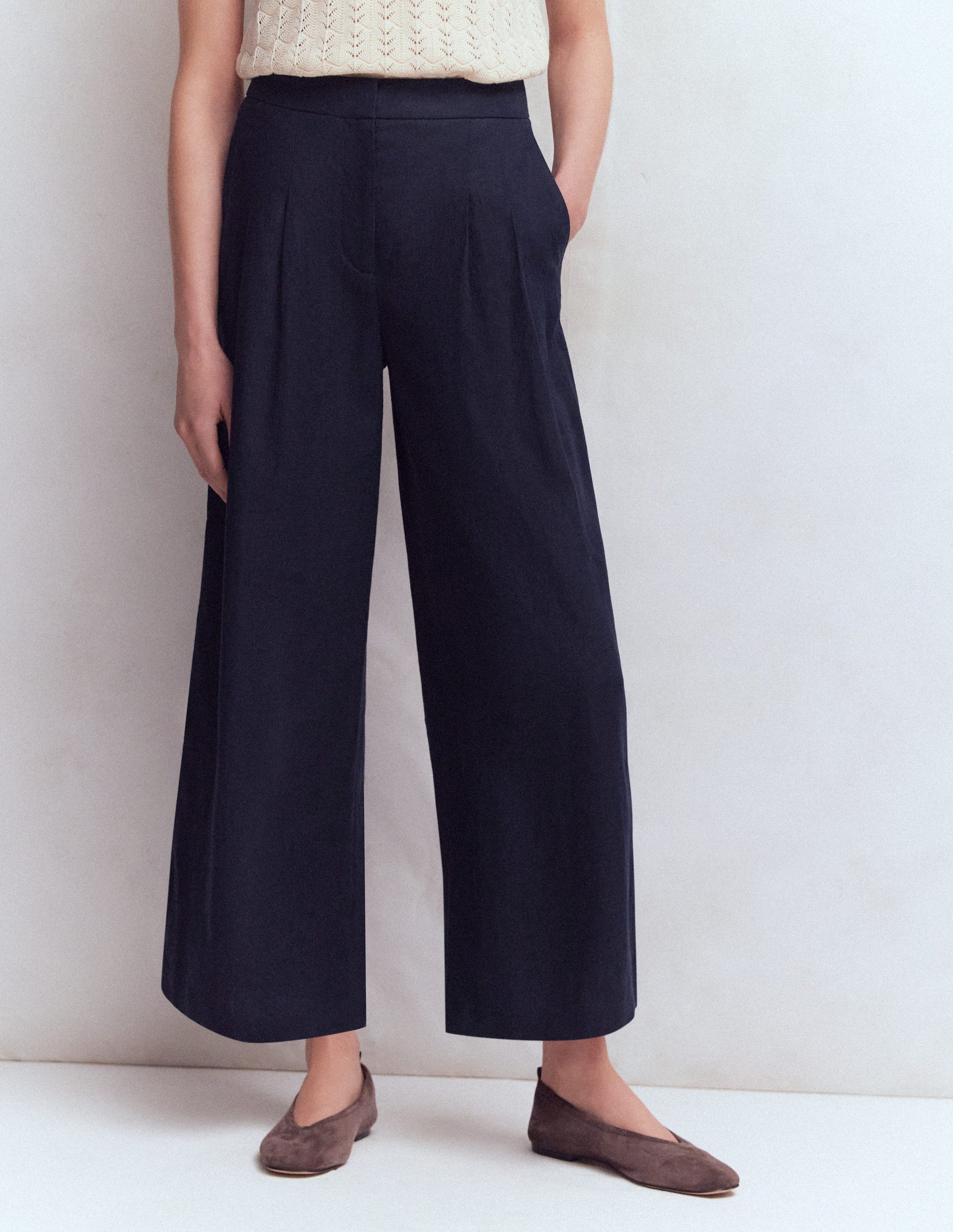 Leinen-Culotte mit Bundfalte-Marineblau-4