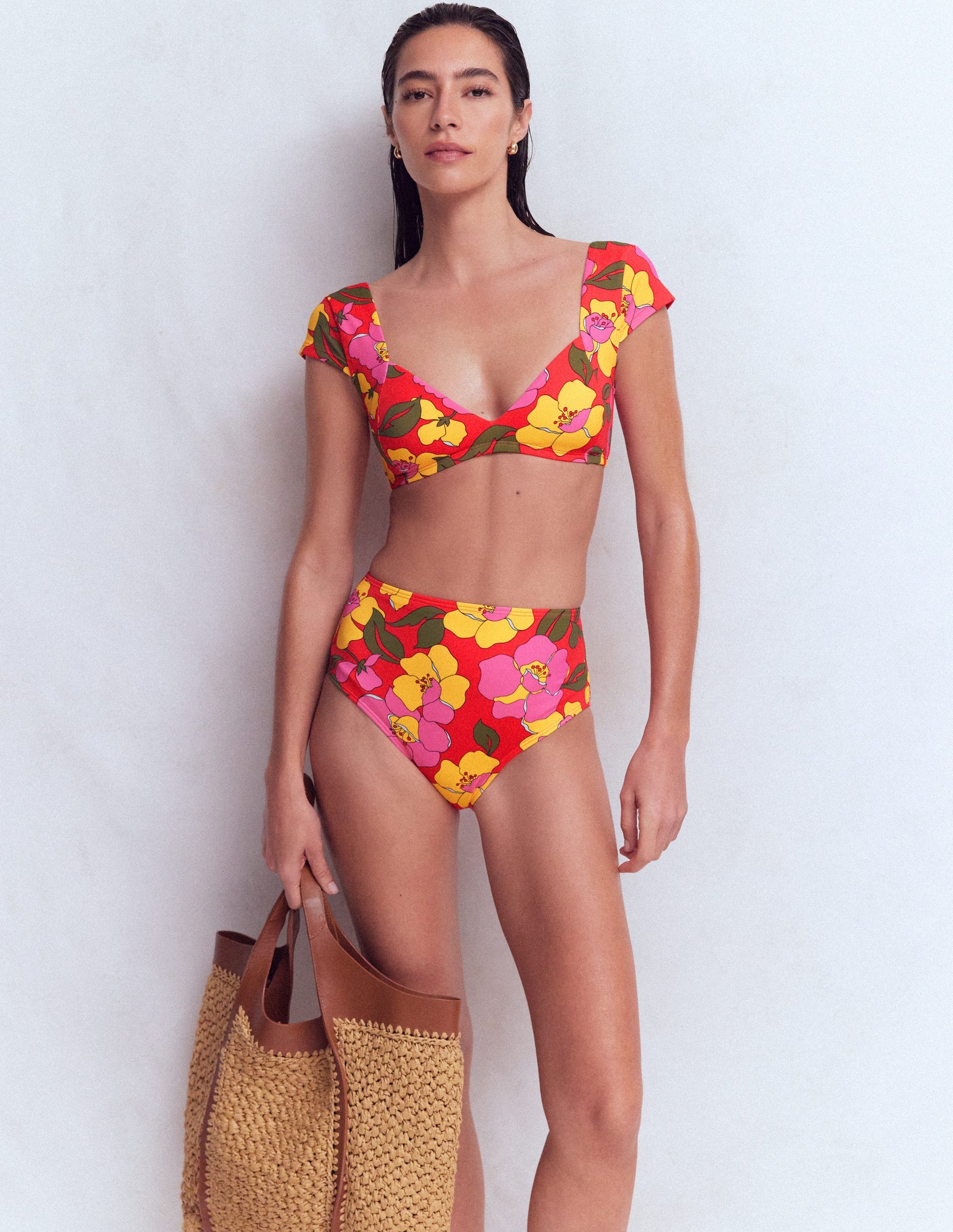 Bikinihose mit hohem Bund-Rot, Strahlende Blüte-2