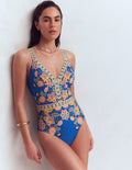Arles Badeanzug-Blau, Blüten-Eleganz