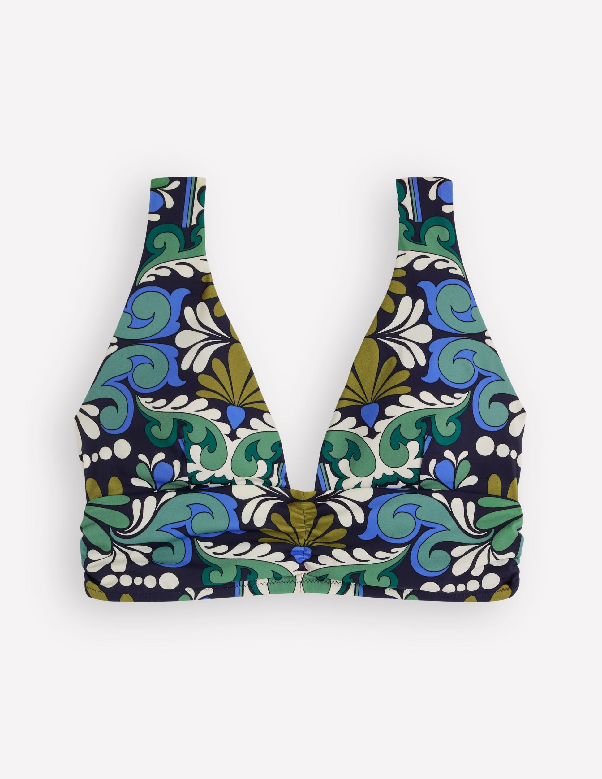 Mykonos Bikinioberteil mit tiefem V-Ausschnitt-Französisches Marineblau, Blütengobelin-6