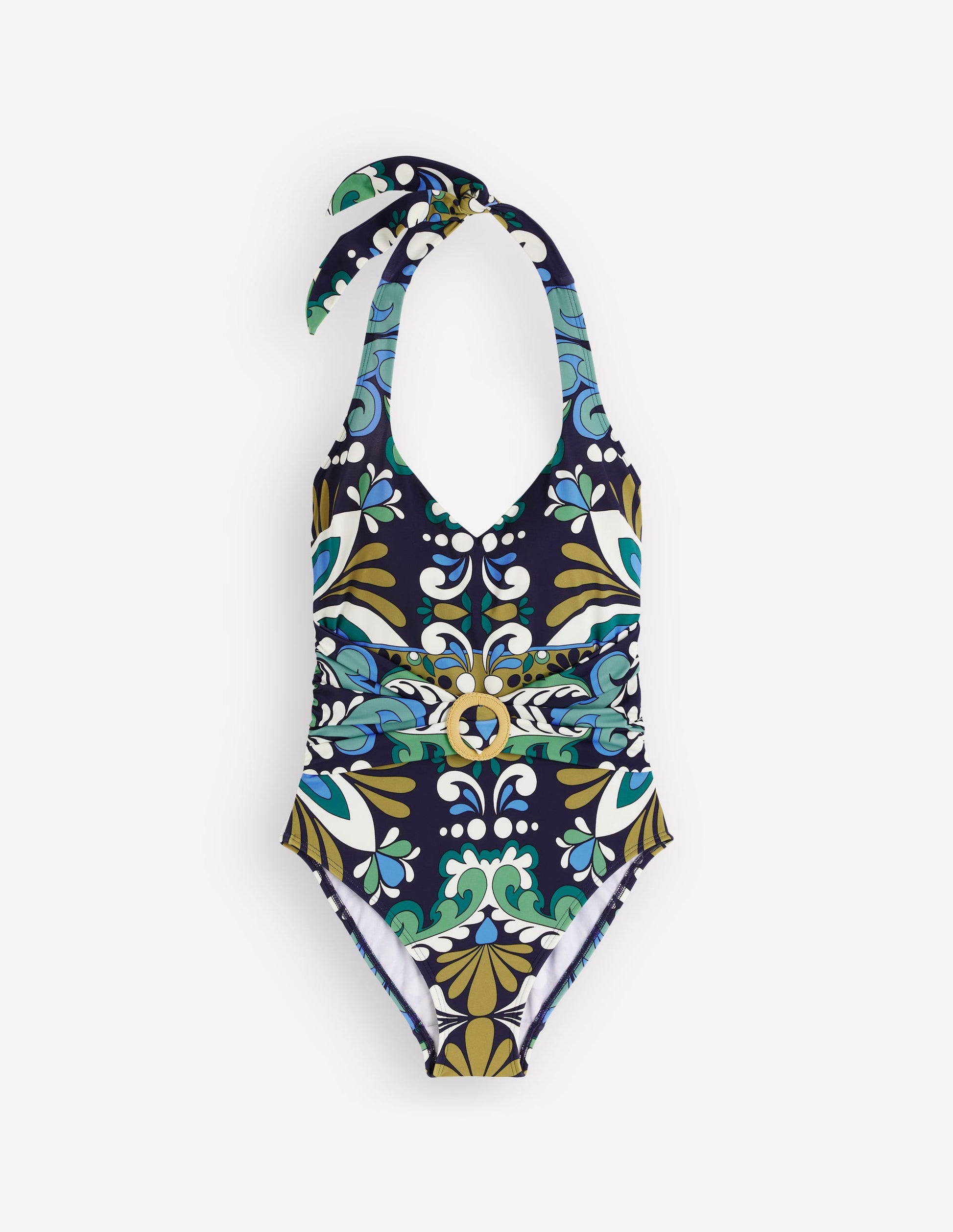Maillot de bain Sorrento à ceinture et anneau-Bleu marine foncé, motif Bloom Tapestry-6