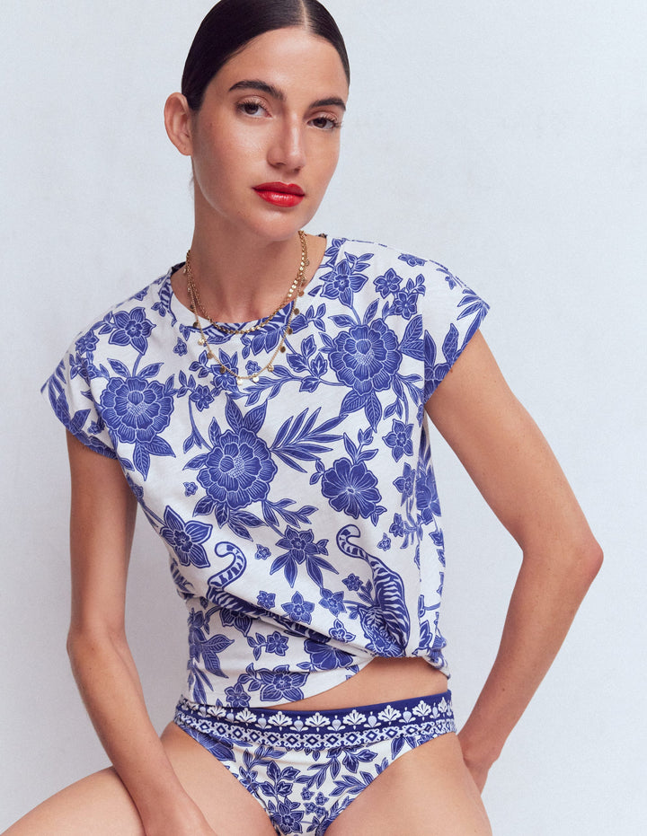 Bedrucktes T-Shirt mit Flammgarn-Blau Tiger Paradiesmotiv