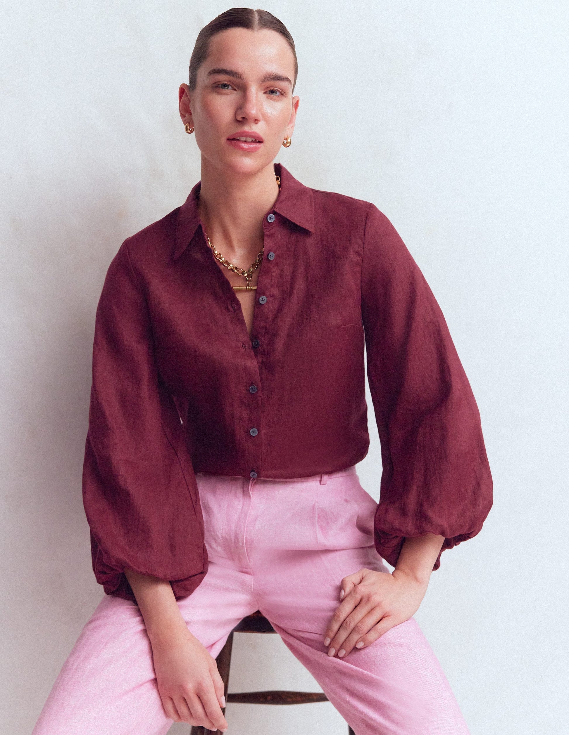 Leinenhemd mit Puffärmeln-Dunkelviolett-1