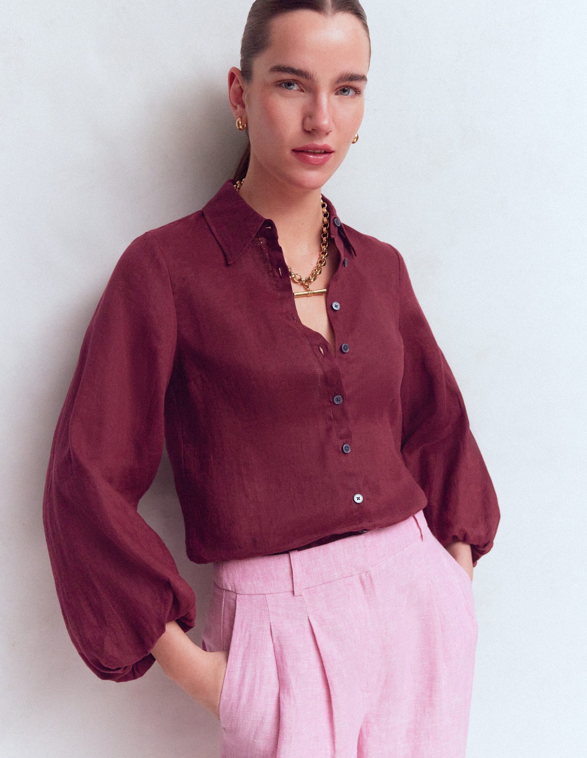 Leinenhemd mit Puffärmeln-Dunkelviolett-4