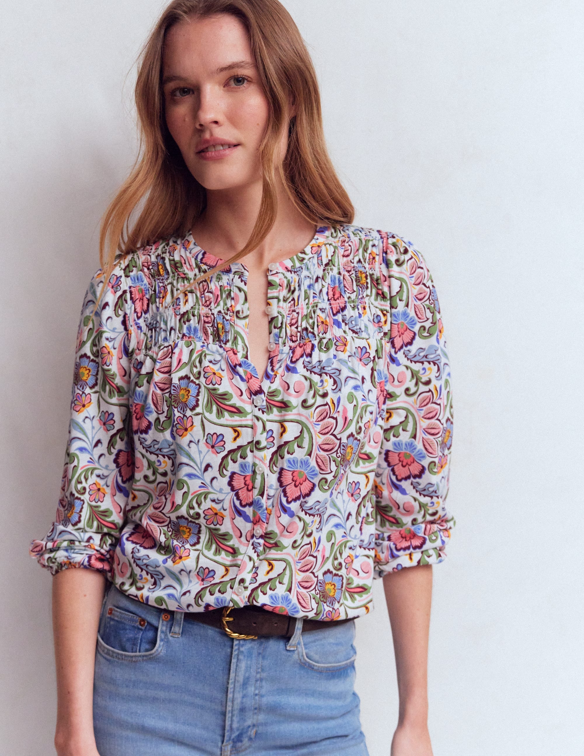 Chemise Mya smockée en jersey-Multi, motif Flourishing Meadow - Image 1