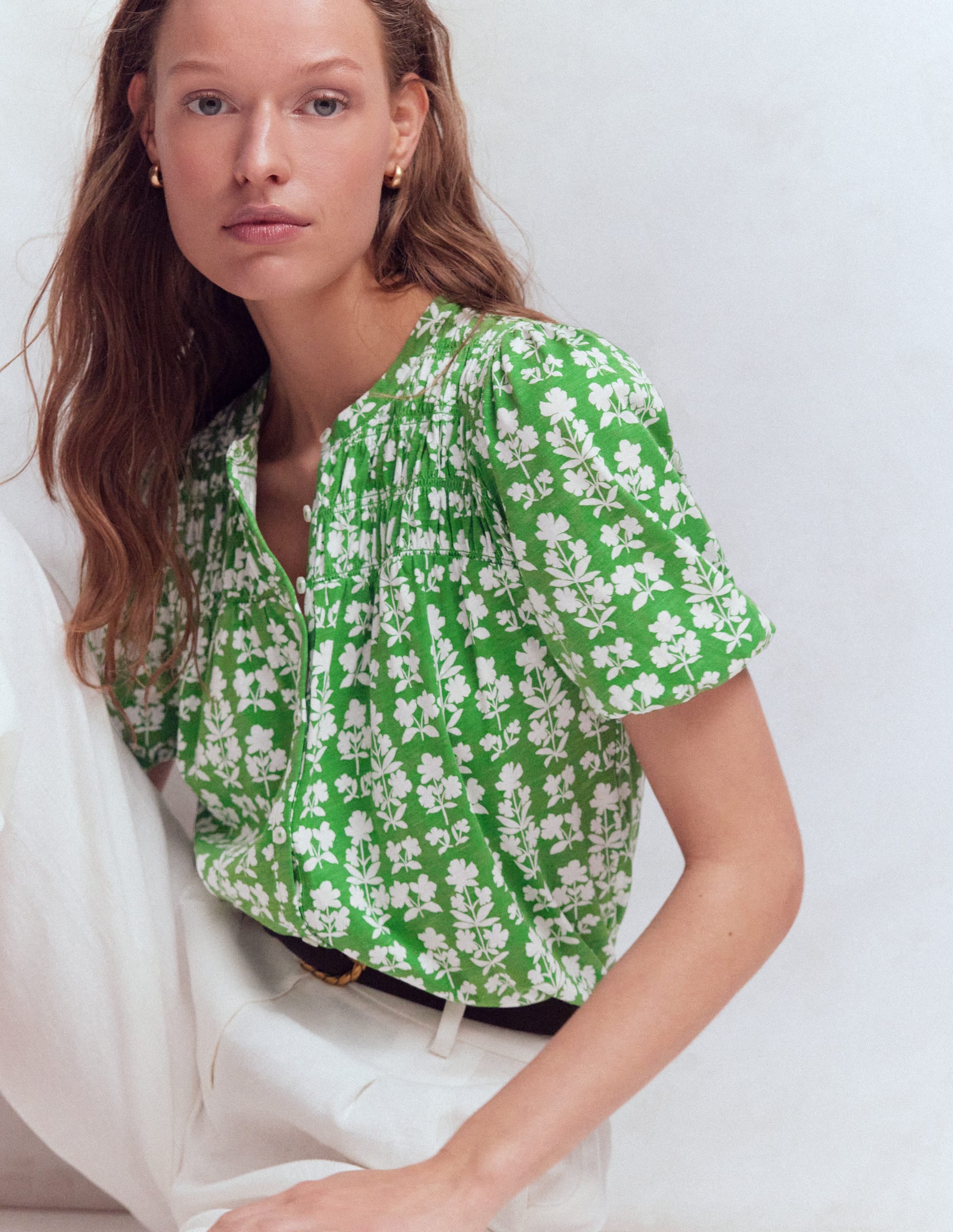 Chemise manches courtes Mya à smocks-Vert menthe, motif Blossom Grove - Image 5