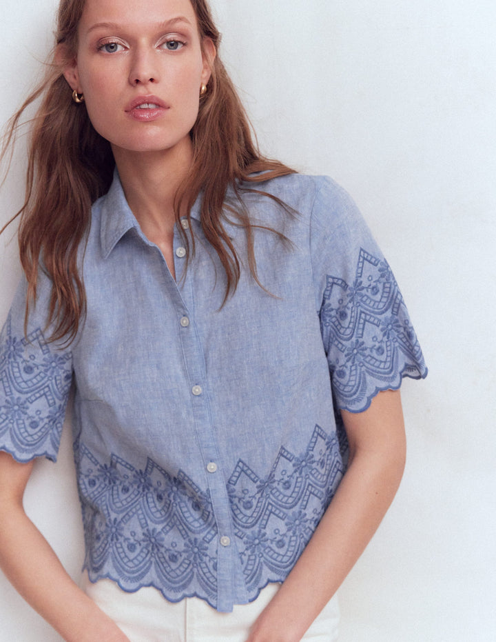 Kurzärmliges Hemd mit Lochstickerei-Blauer Faux-Uni