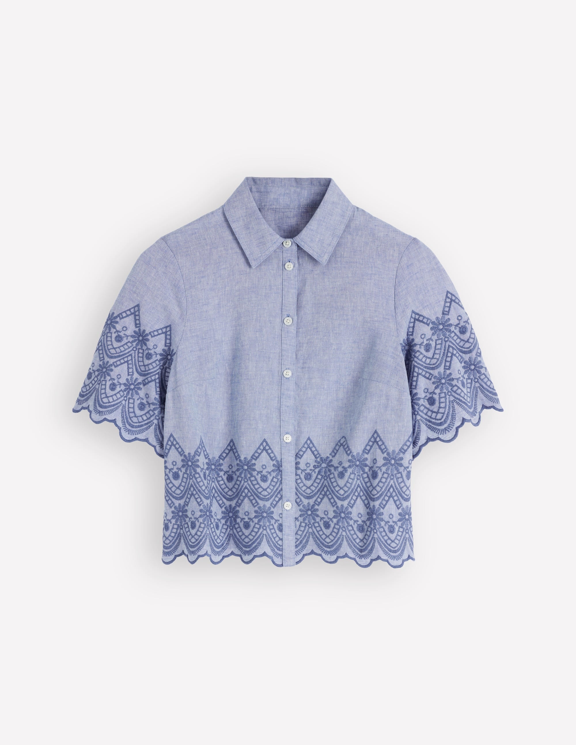 Kurzärmliges Hemd mit Lochstickerei-Blauer Faux-Uni - Image 5