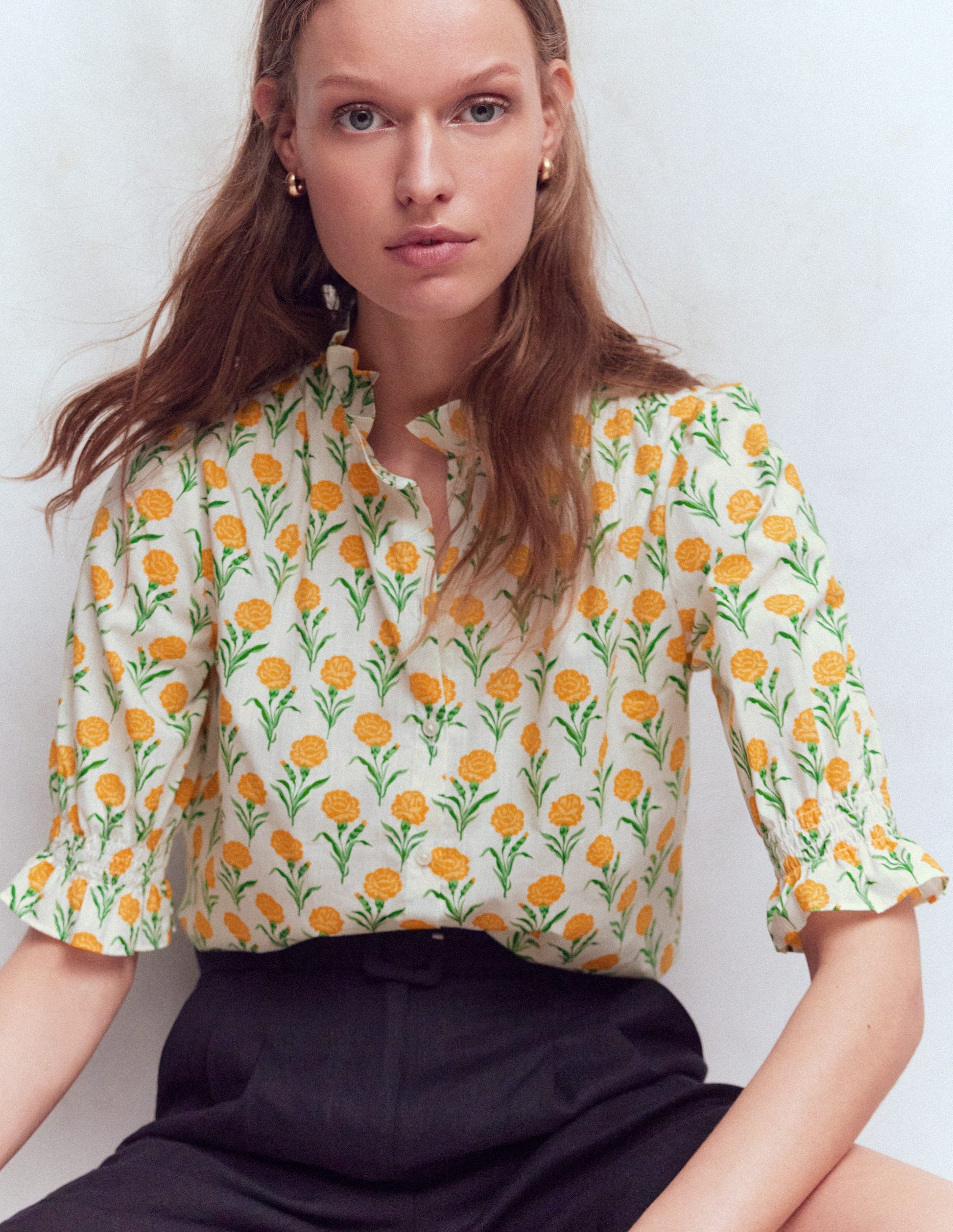 Heather Bedrucktes Baumwolloberteil-Gelb Blumenmuster-1