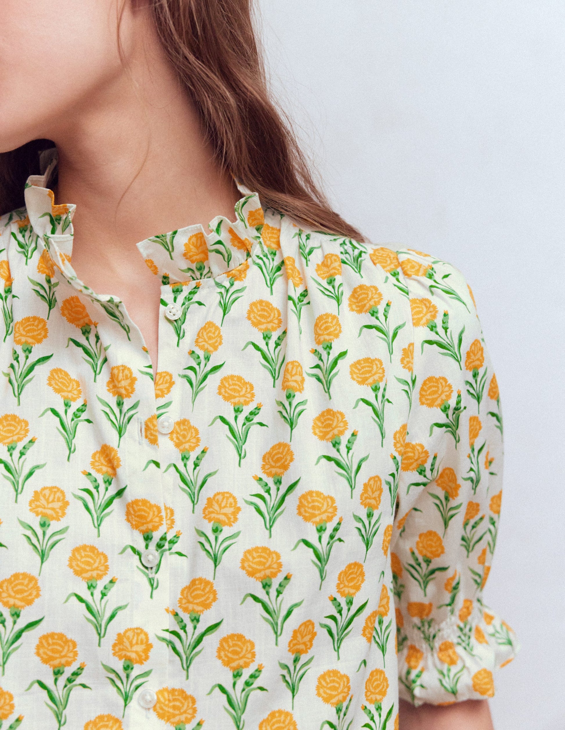 Heather Bedrucktes Baumwolloberteil-Gelb Blumenmuster-2