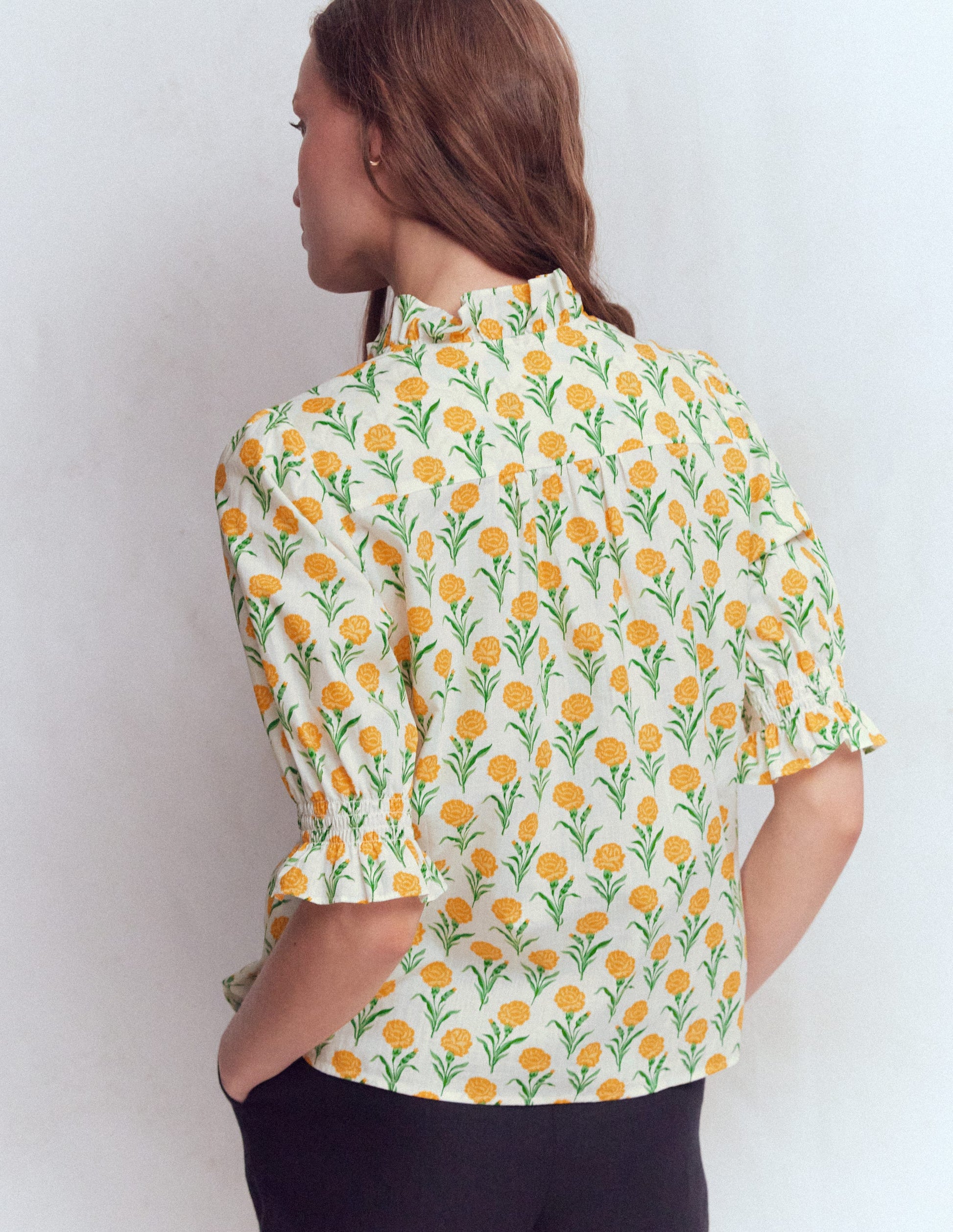 Heather Bedrucktes Baumwolloberteil-Gelb Blumenmuster-3