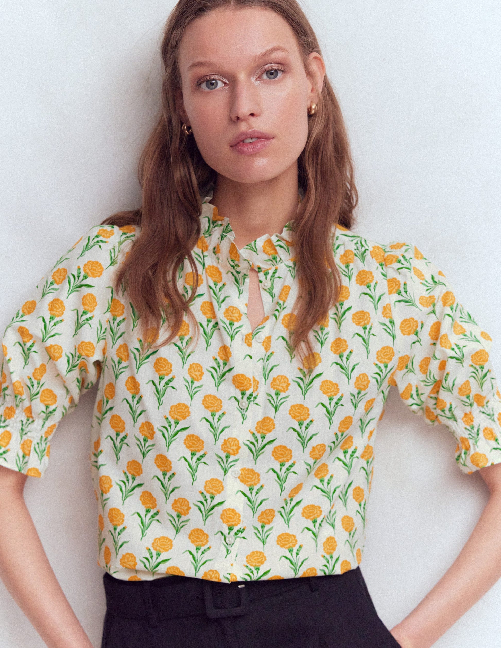 Heather Bedrucktes Baumwolloberteil-Gelb Blumenmuster-4