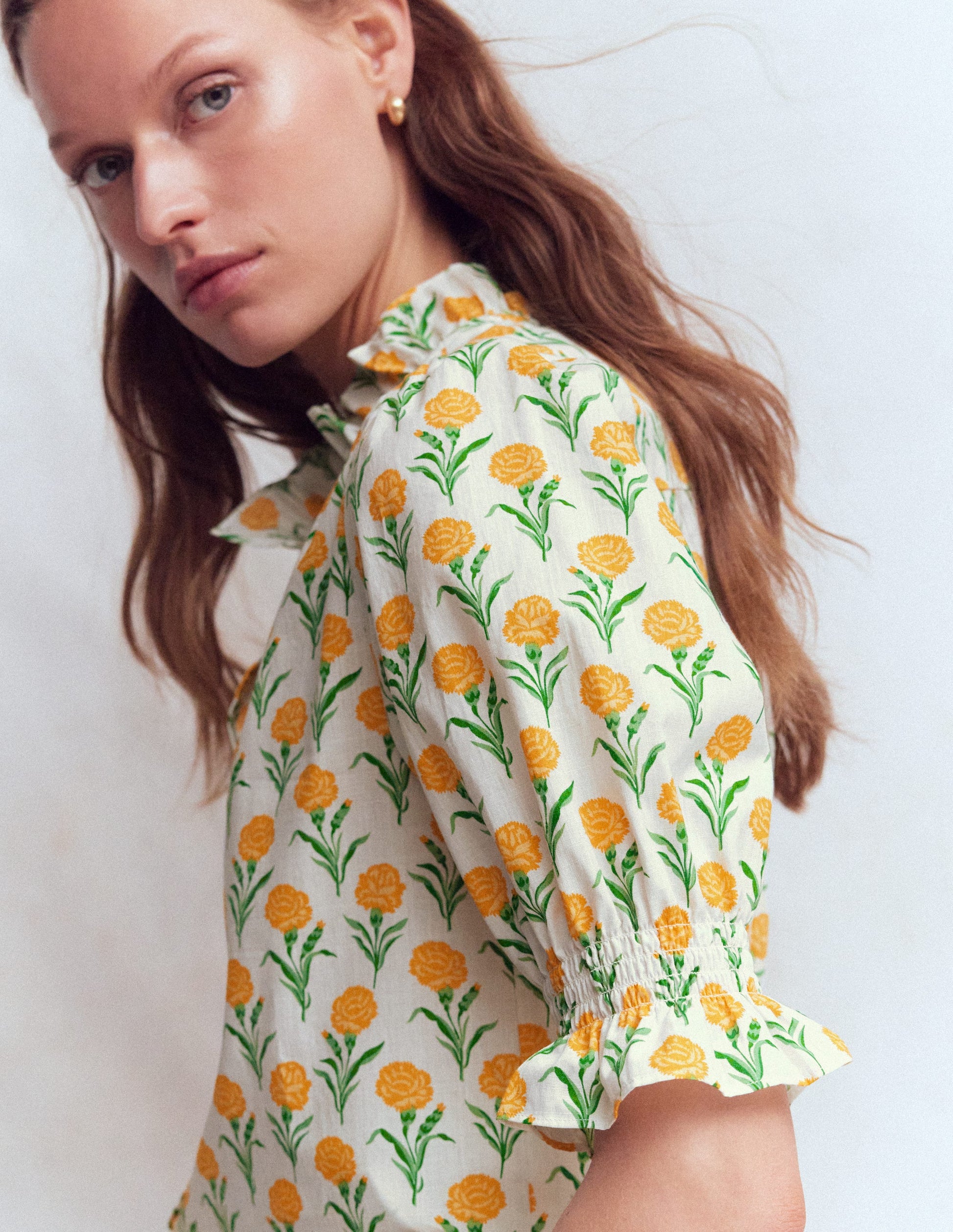 Heather Bedrucktes Baumwolloberteil-Gelb Blumenmuster-5