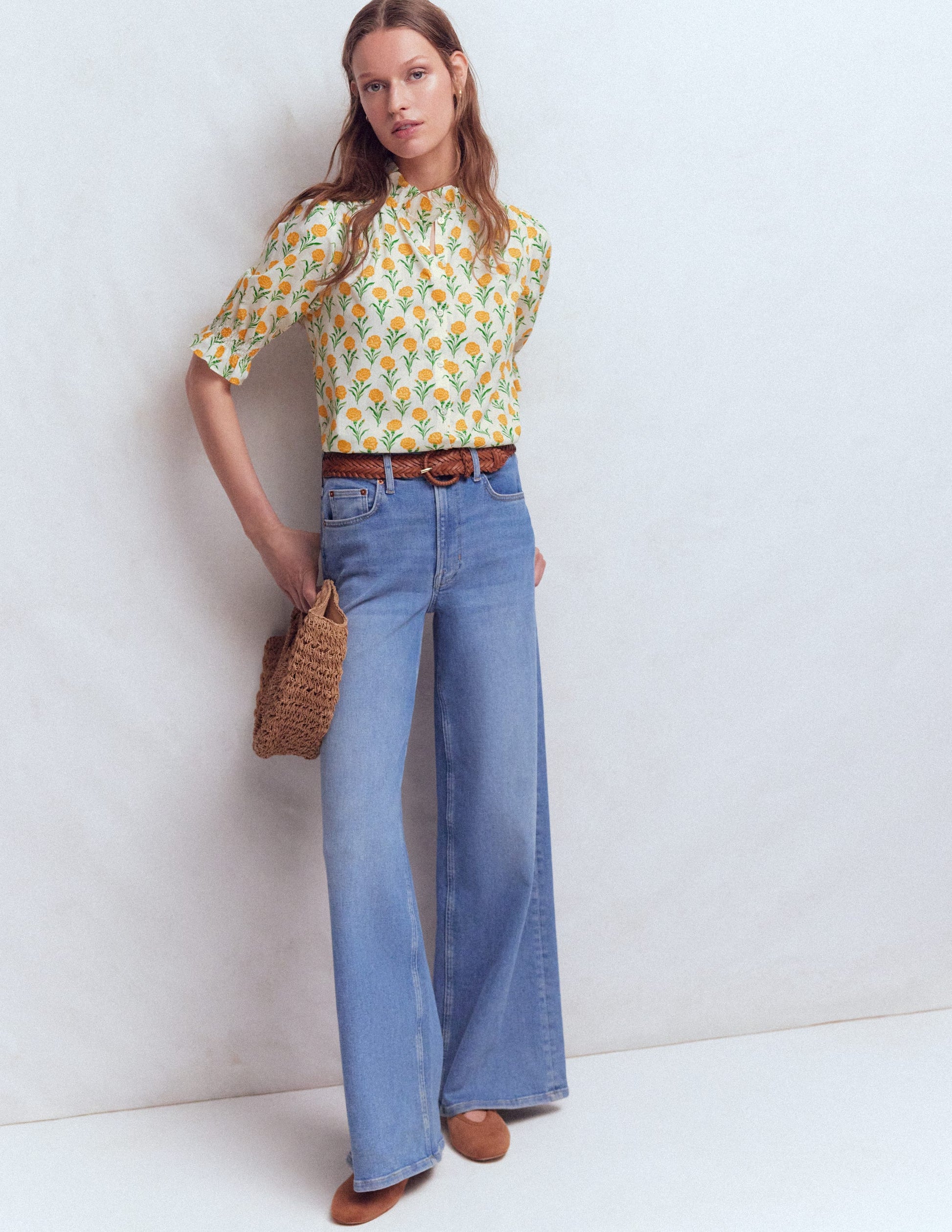 Heather Bedrucktes Baumwolloberteil-Gelb Blumenmuster-6