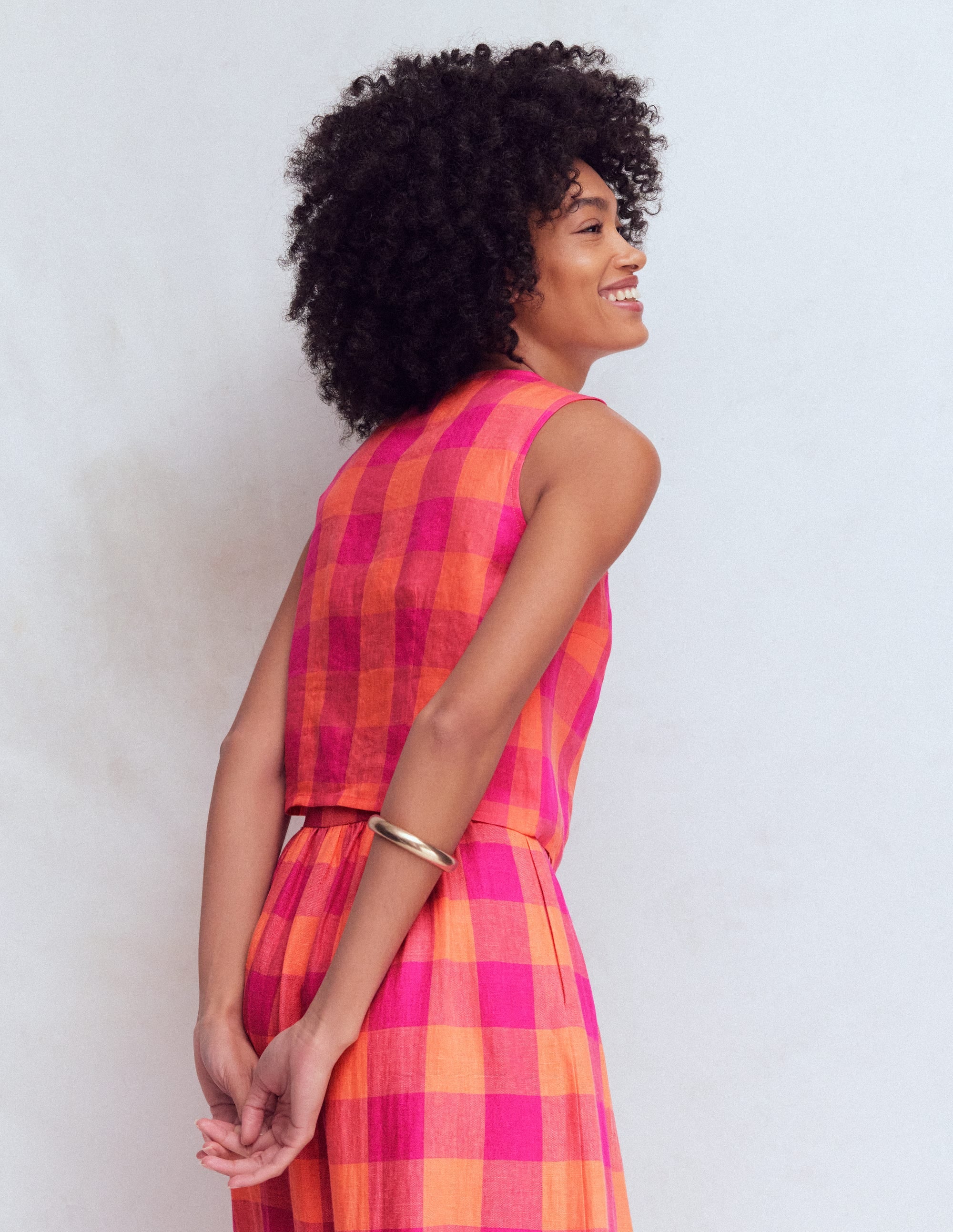 Andrea Linen Shell Top-Zesty Orange, Pink Gingham - Image 3