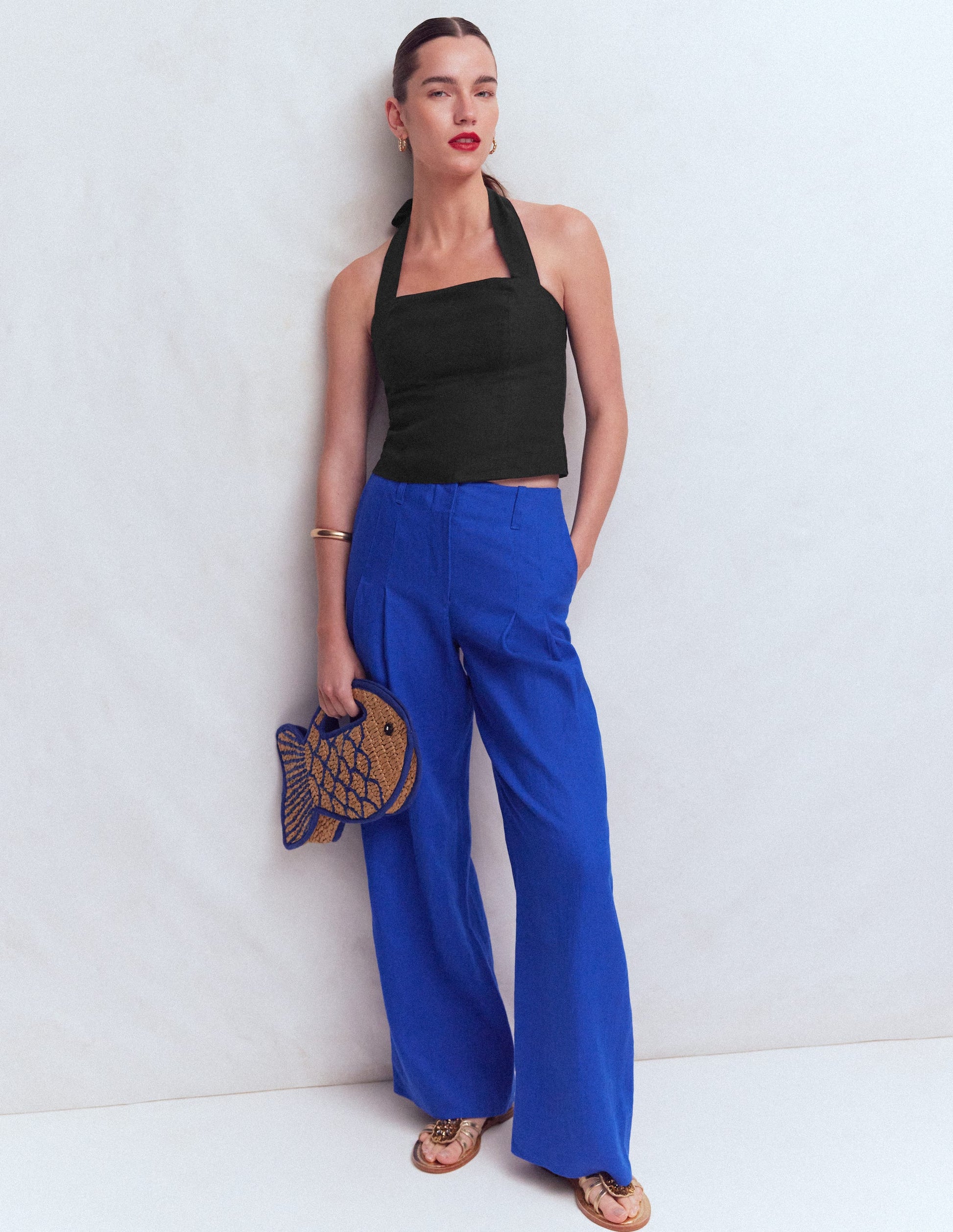 Oberteil aus Leinen mit Neckholder-Schwarz-4