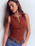 Evie Rippstrick-Top mit durchgehender Knopfleiste-Braun-Orange