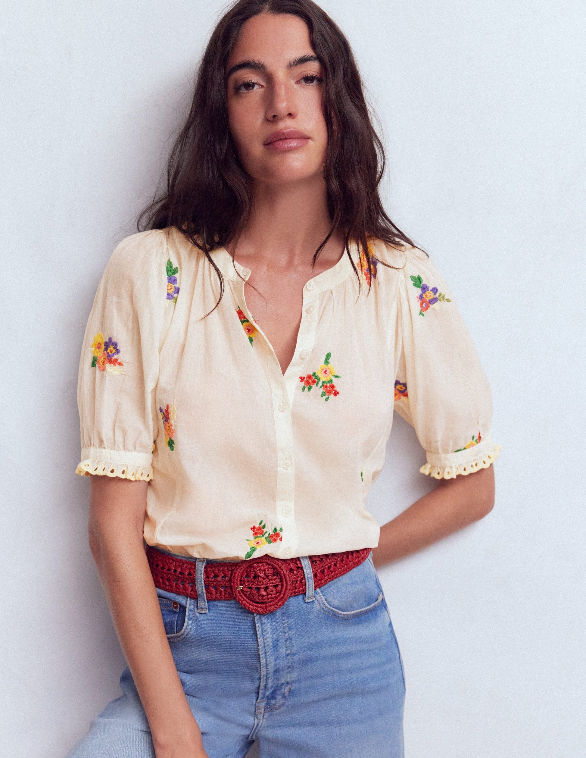 Kurzärmliges Dolman-Oberteil-Naturweiß Blumenmuster Stickerei-6