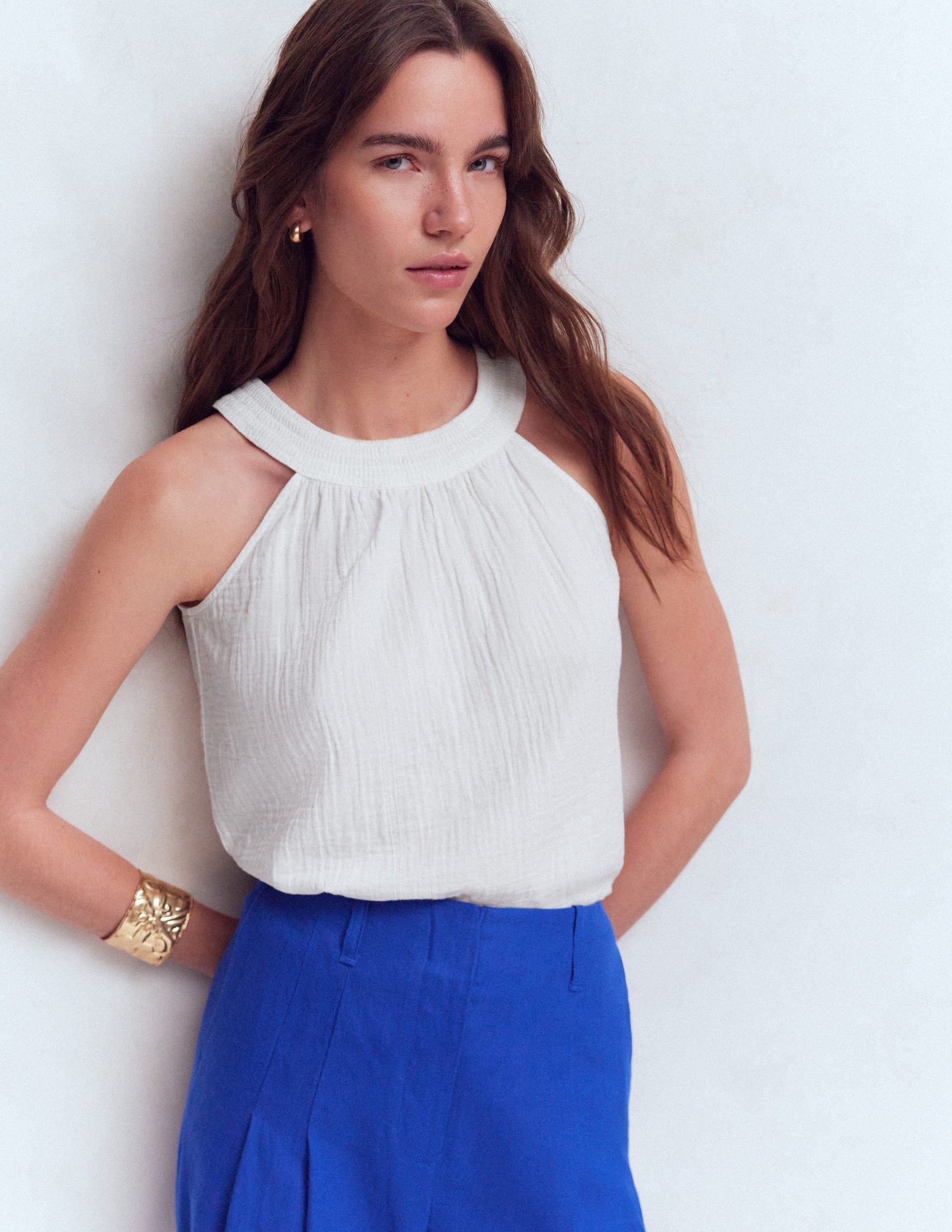 Top double-étoffe à col de style dos-nu-Blanc-5