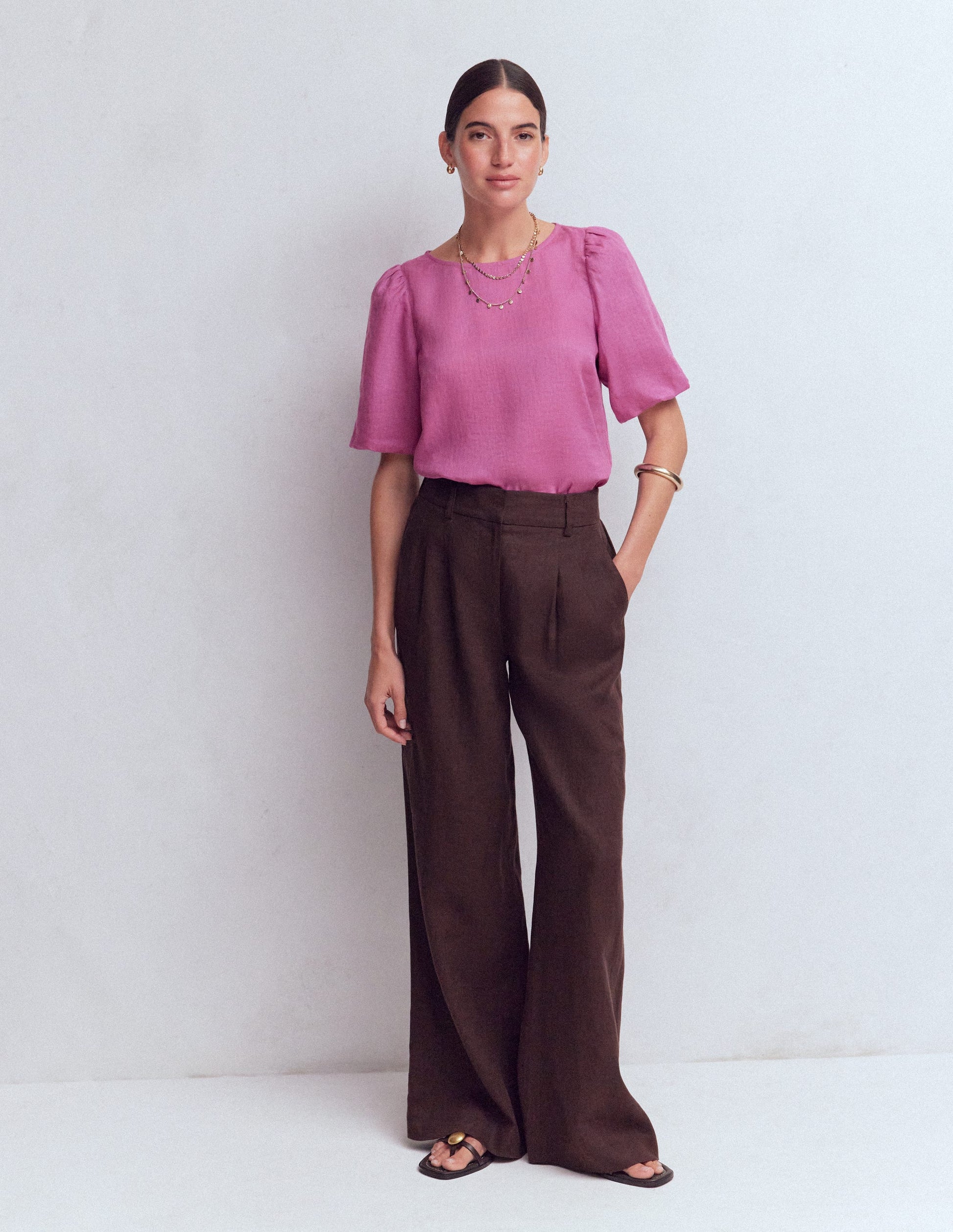 Oberteil aus Leinen mit Puffärmeln-Rotklee-Rosa-4