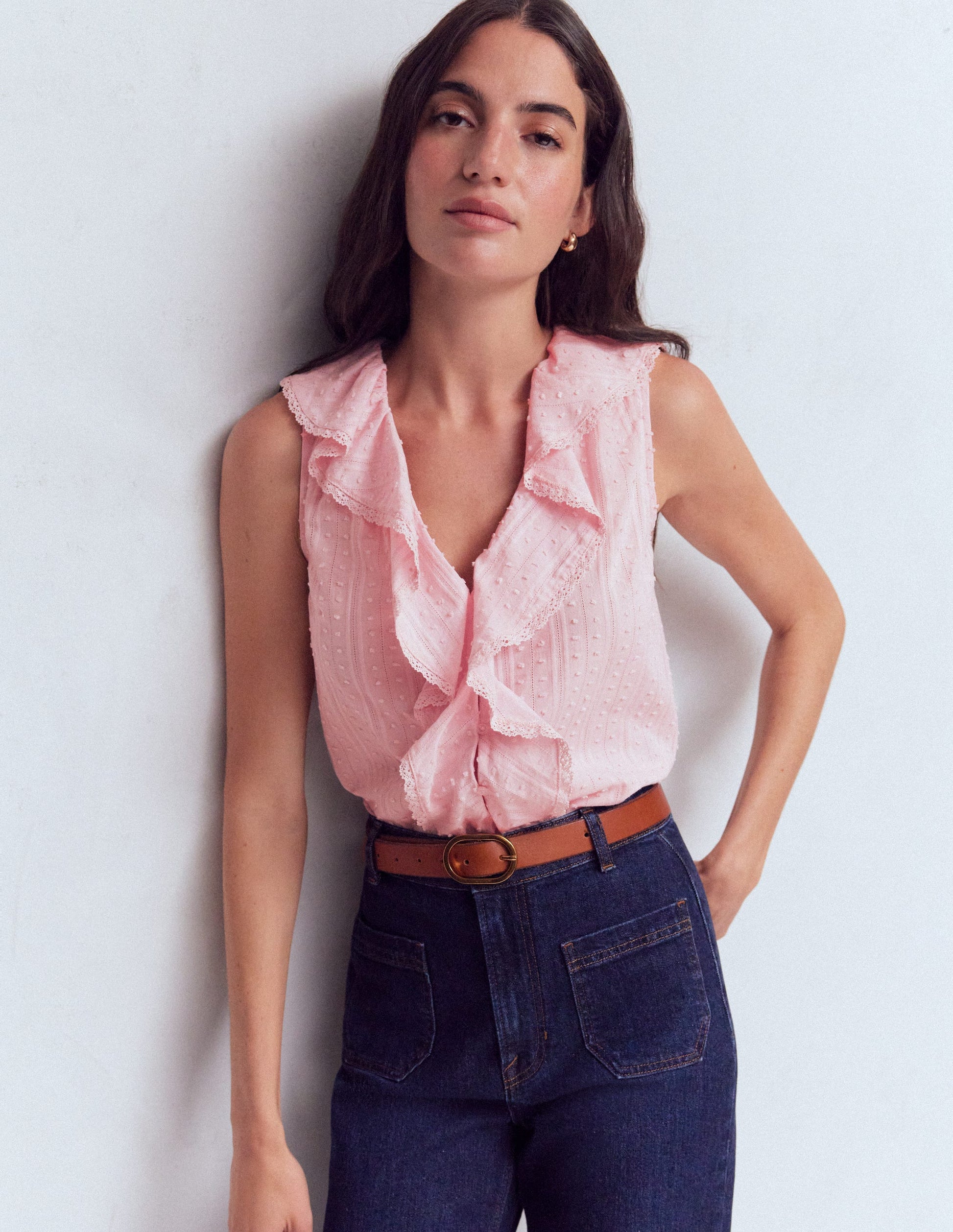 Ärmelloses Oberteil mit V-Ausschnitt und Rüschen-Artic Marl-2