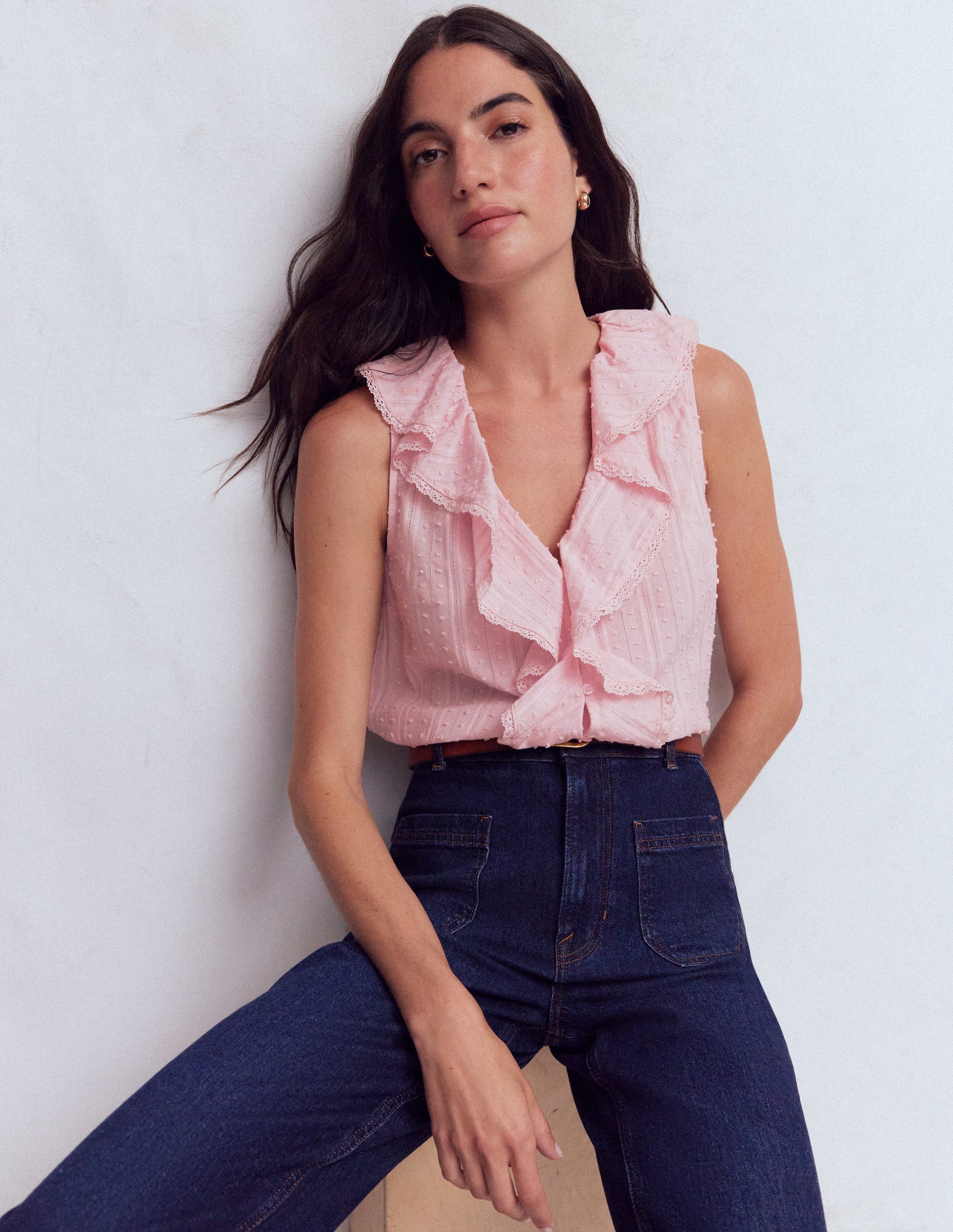 Ärmelloses Oberteil mit V-Ausschnitt und Rüschen-Artic Marl-5