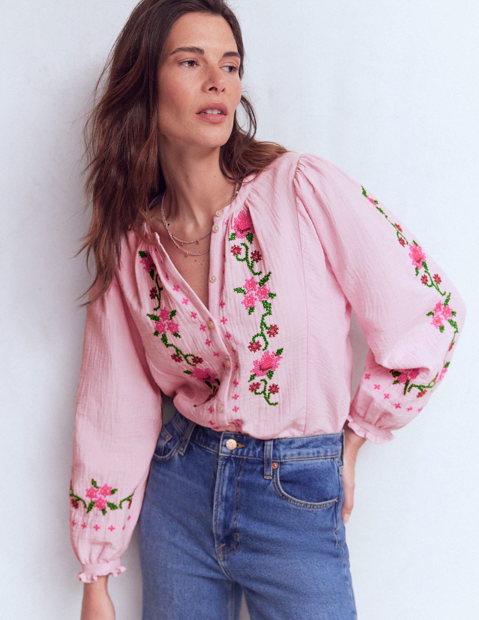 Top Camille double-étoffe-Broderie rose printanier - Image 5
