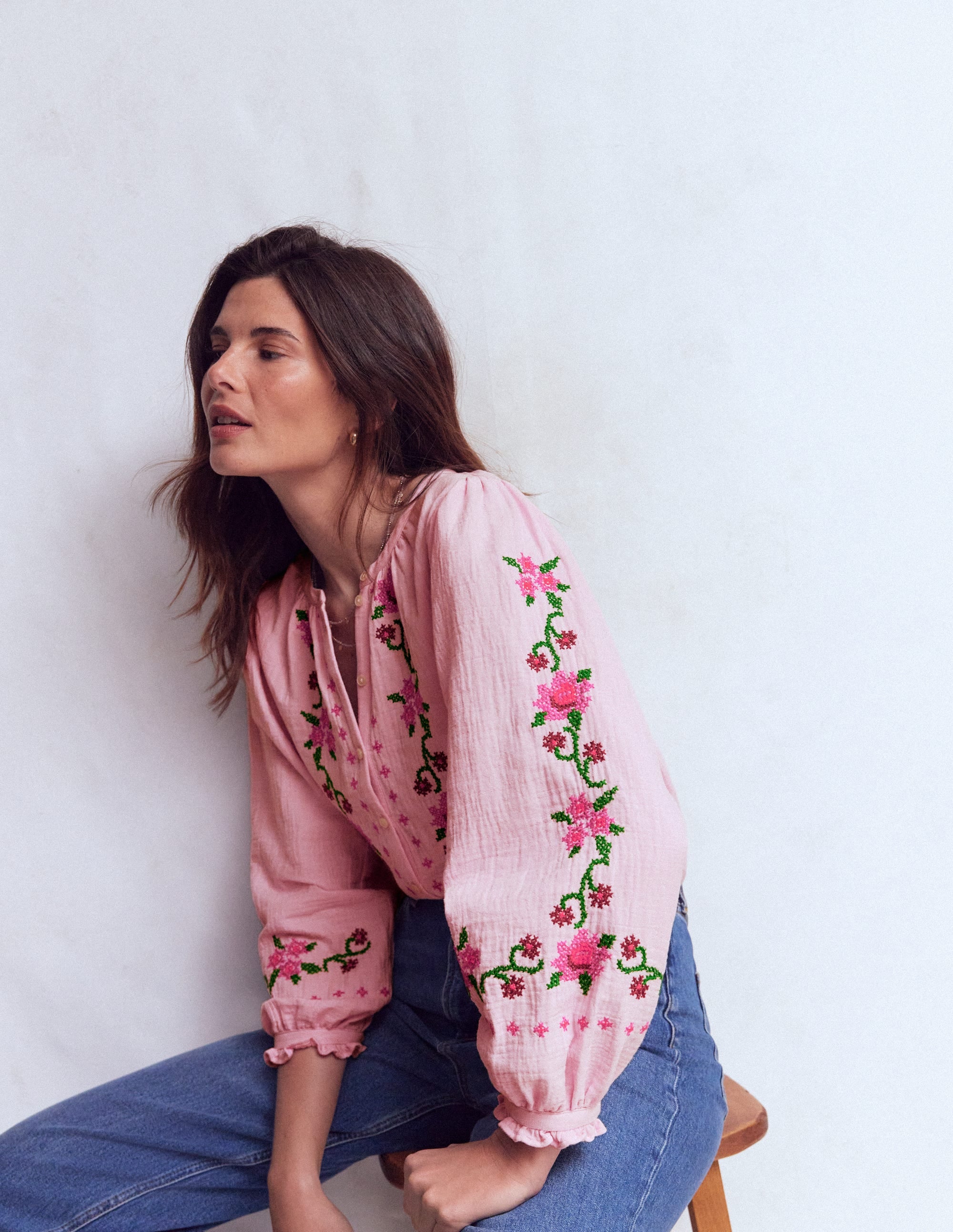 Top Camille double-étoffe-Broderie rose printanier - Image 6
