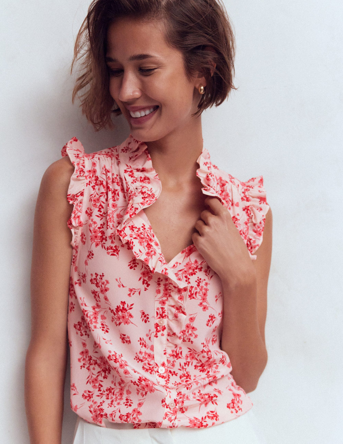 Isabel Sleeveless Silk Top-Pink, Bloom Scatter Mono - Image 5