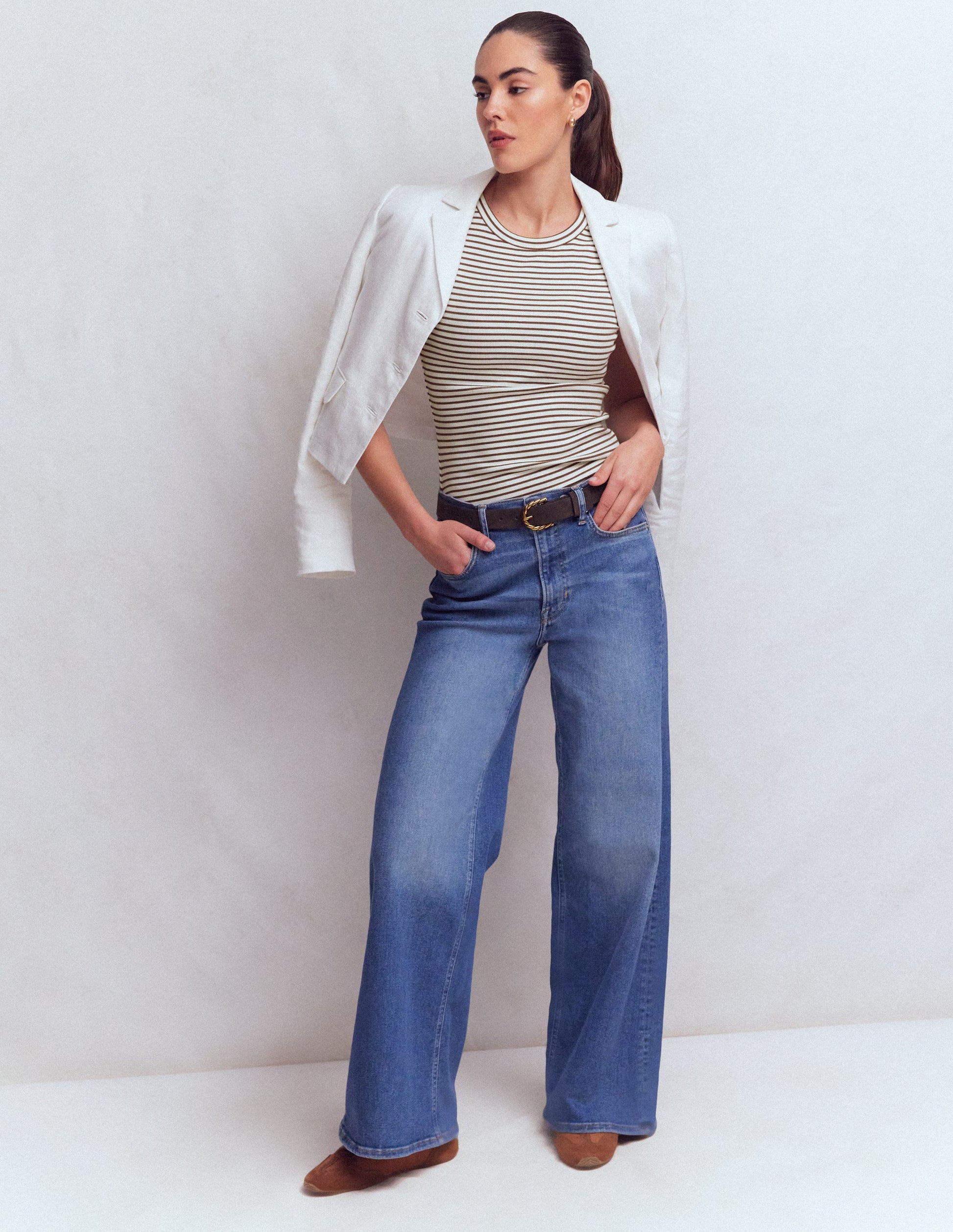 Geripptes Baumwolltop-Naturweiß & Braun Streifen-4