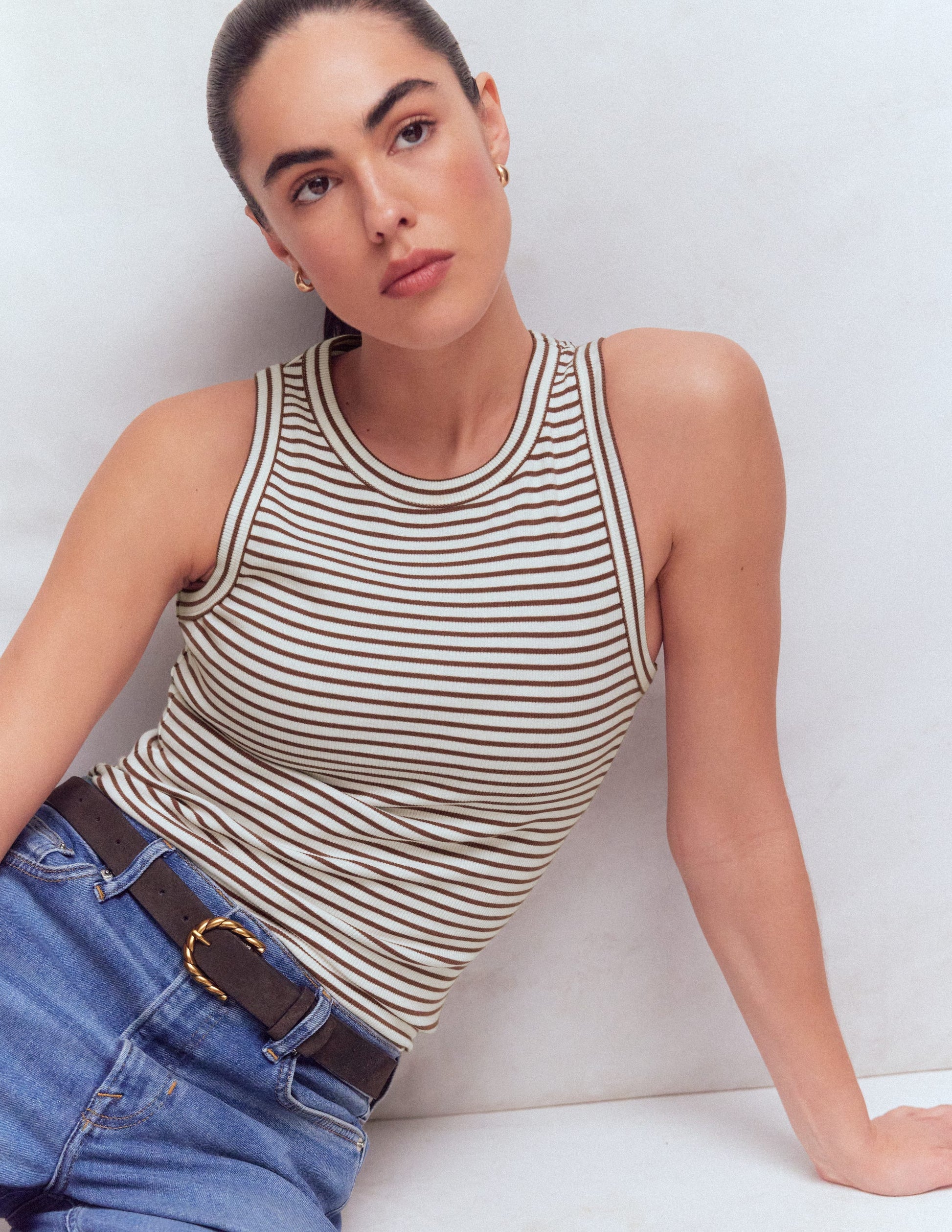 Geripptes Baumwolltop-Naturweiß & Braun Streifen-5