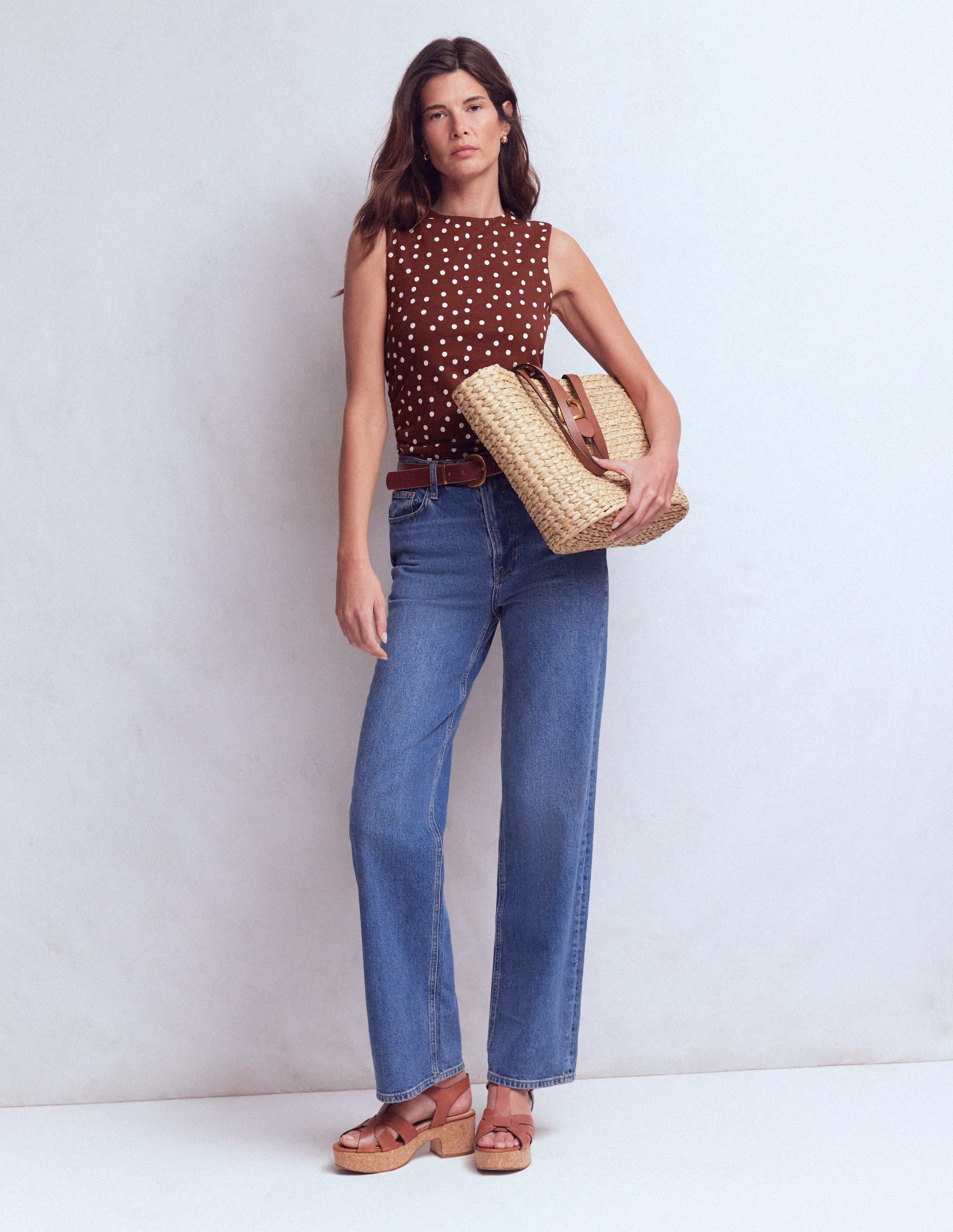 Top froncé Tia sans manches en jersey-Chocolat amer & pois ivoire - Image 4