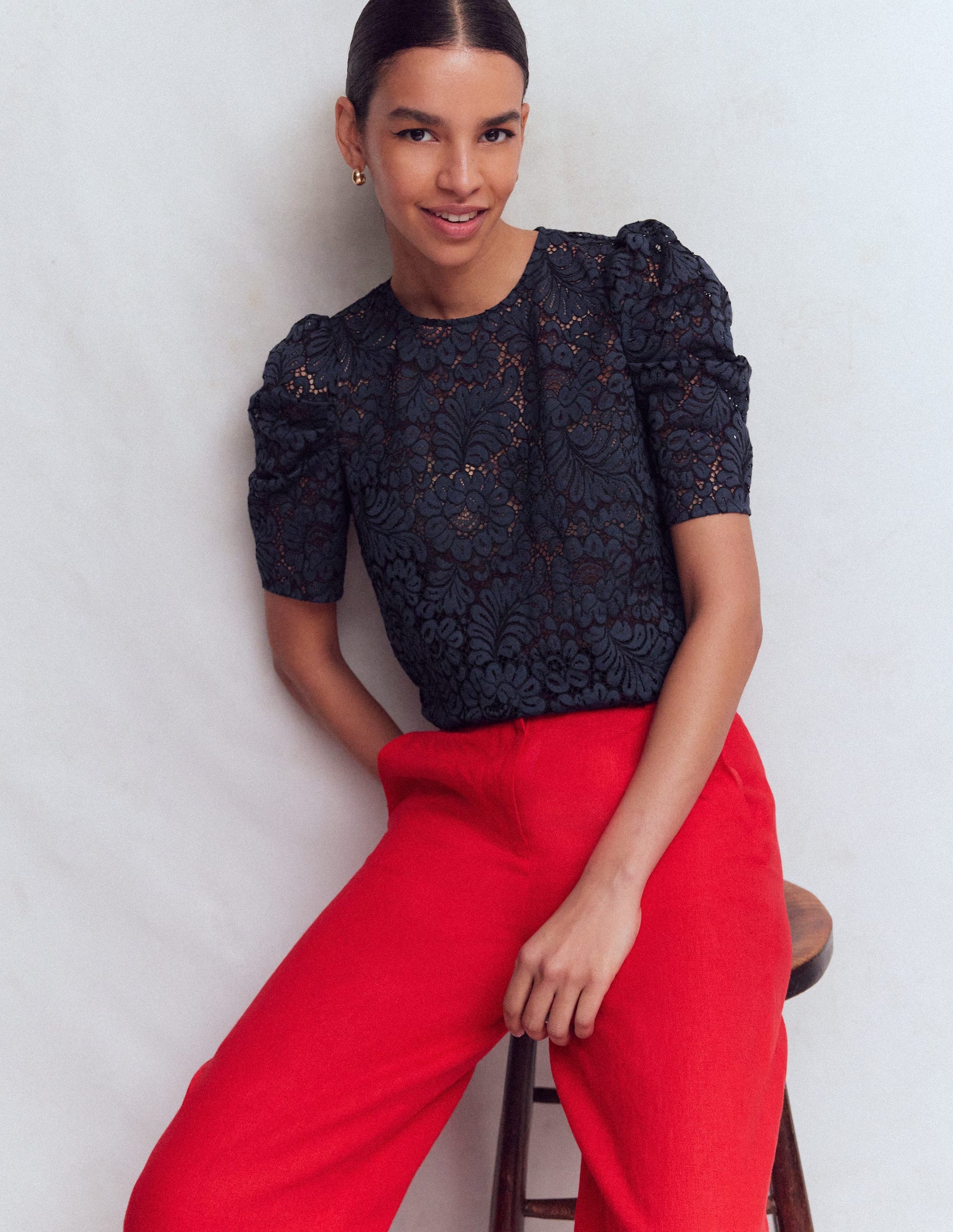 T-Shirt mit Spitze-Marineblau-1