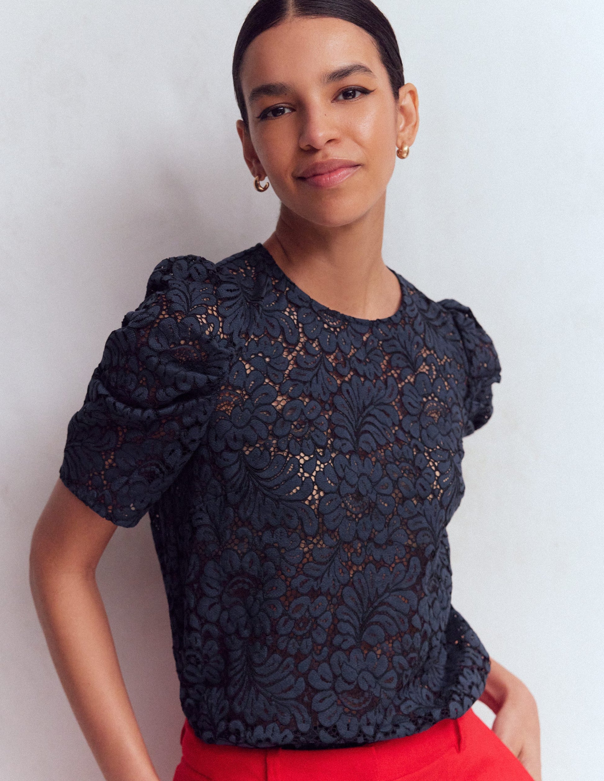 T-Shirt mit Spitze-Marineblau-4