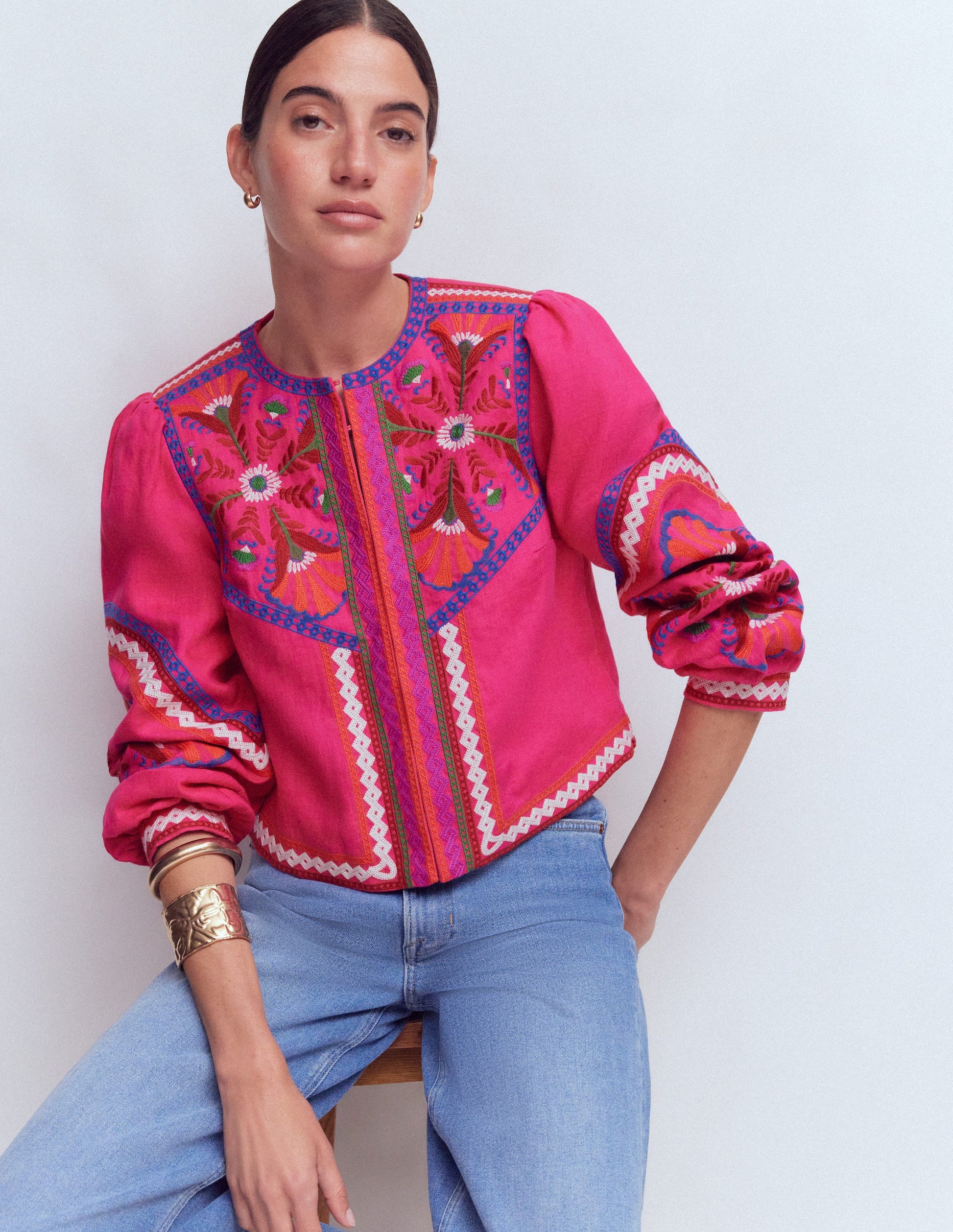 Bestickte Leinenjacke-Rosa Pfingstrose, Stickerei-1