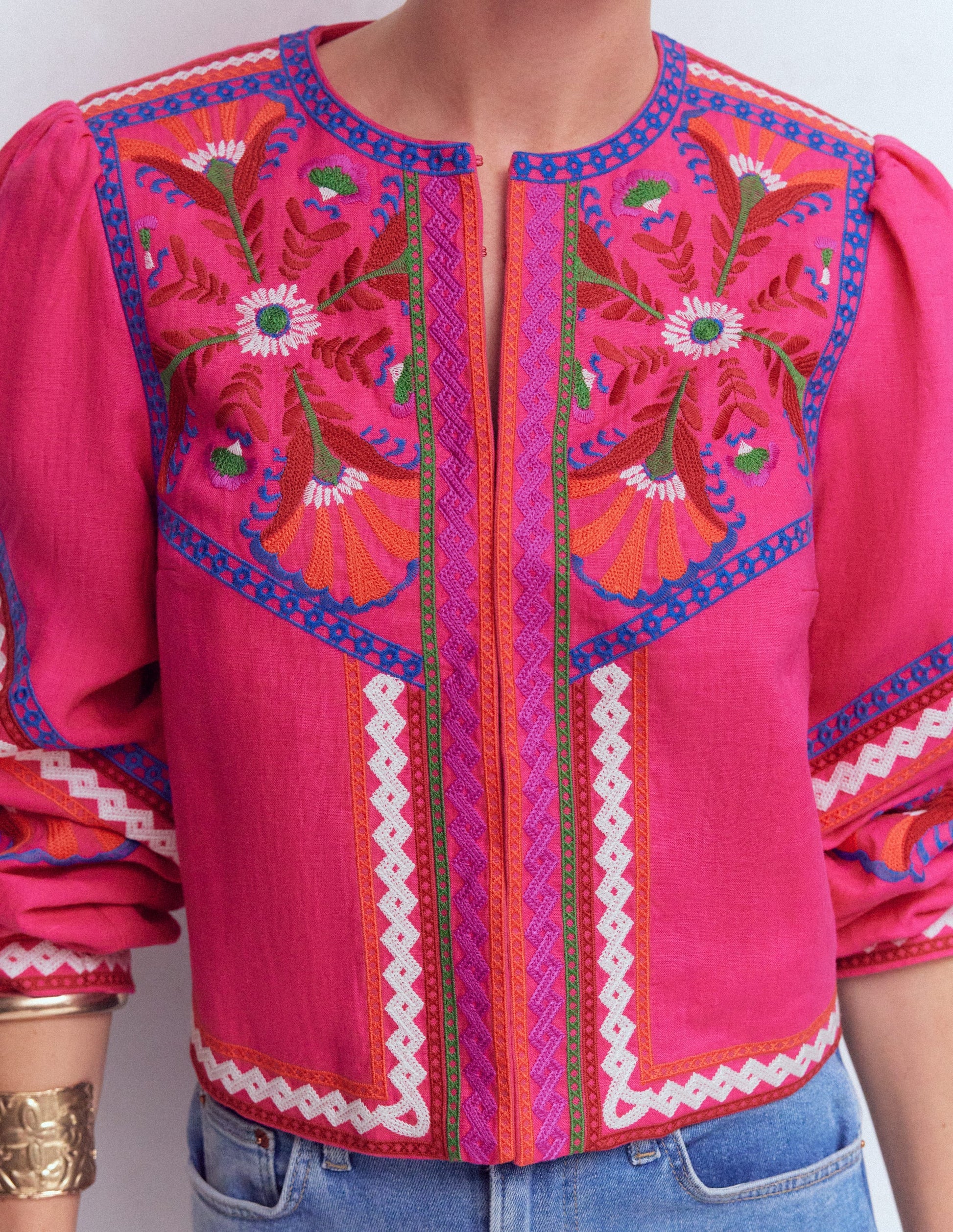 Bestickte Leinenjacke-Rosa Pfingstrose, Stickerei-2