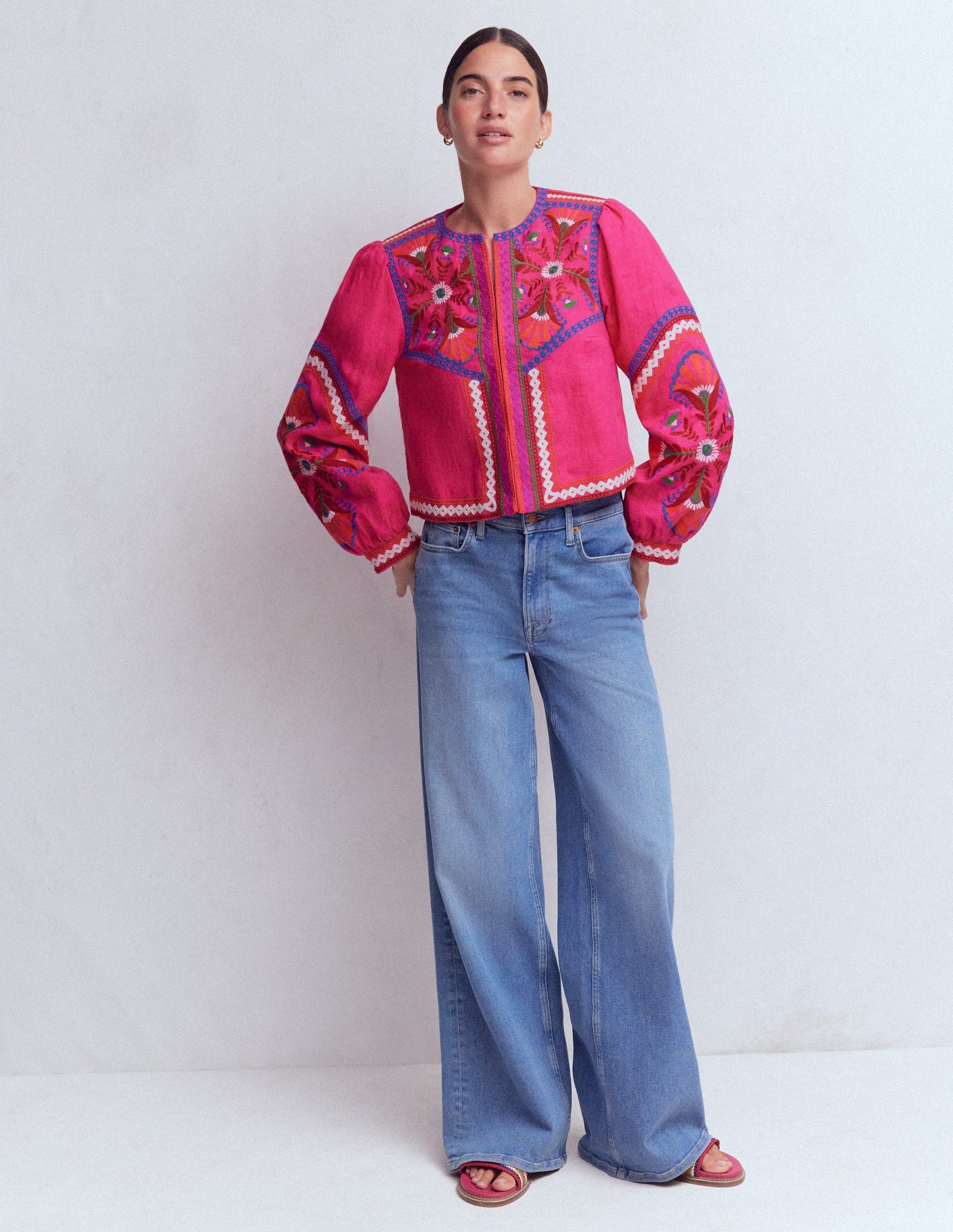 Bestickte Leinenjacke-Rosa Pfingstrose, Stickerei-3