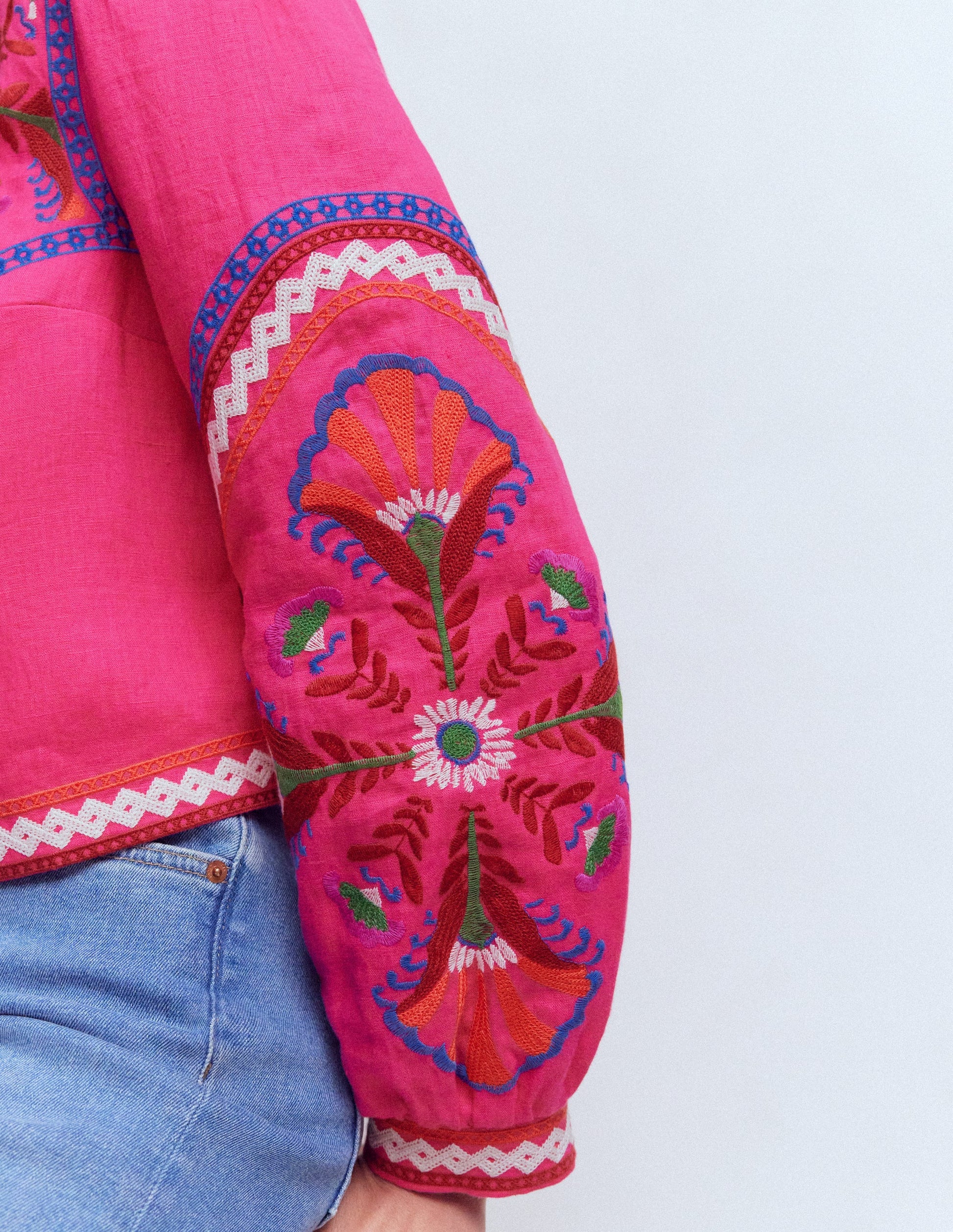 Bestickte Leinenjacke-Rosa Pfingstrose, Stickerei-4
