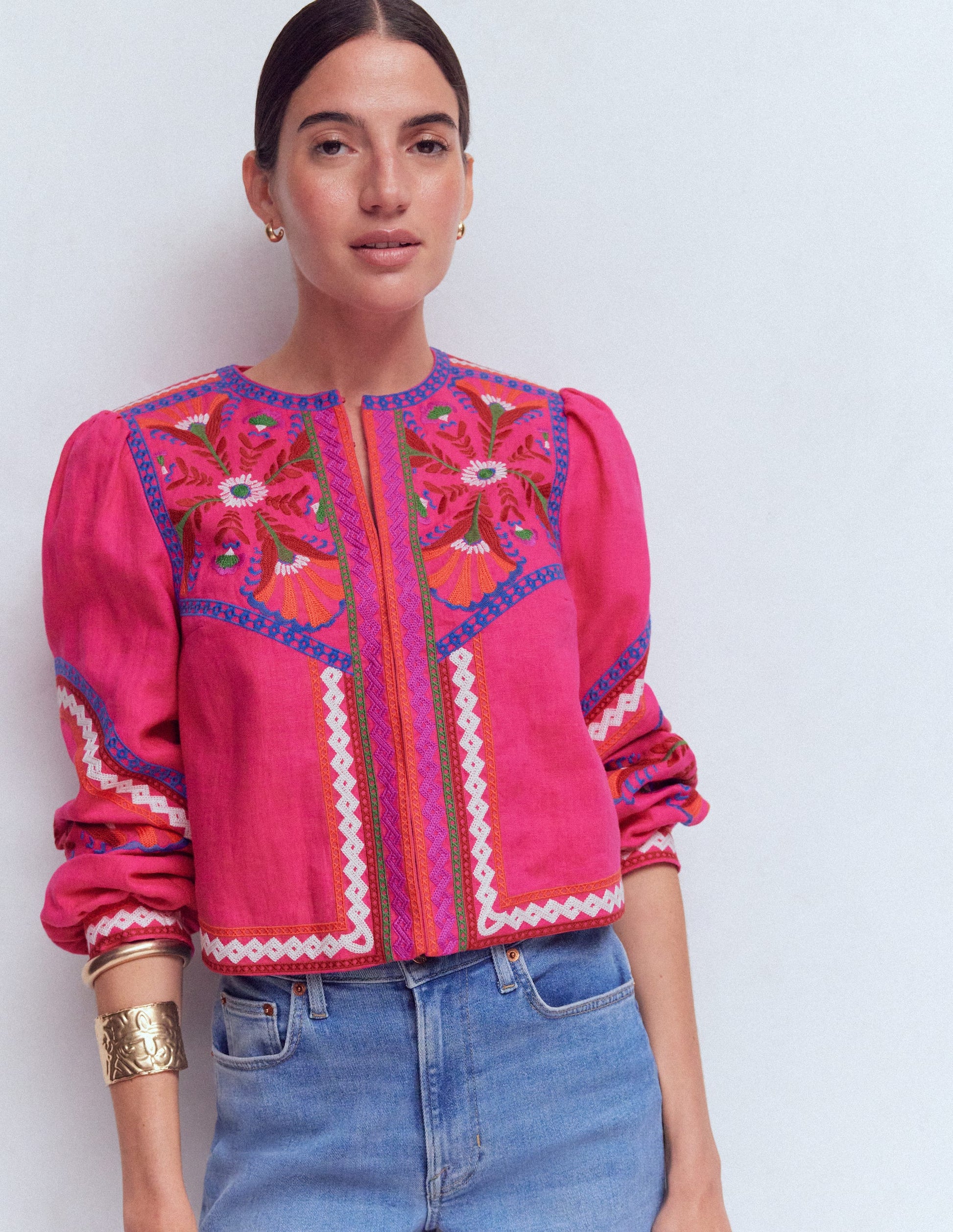 Bestickte Leinenjacke-Rosa Pfingstrose, Stickerei-5