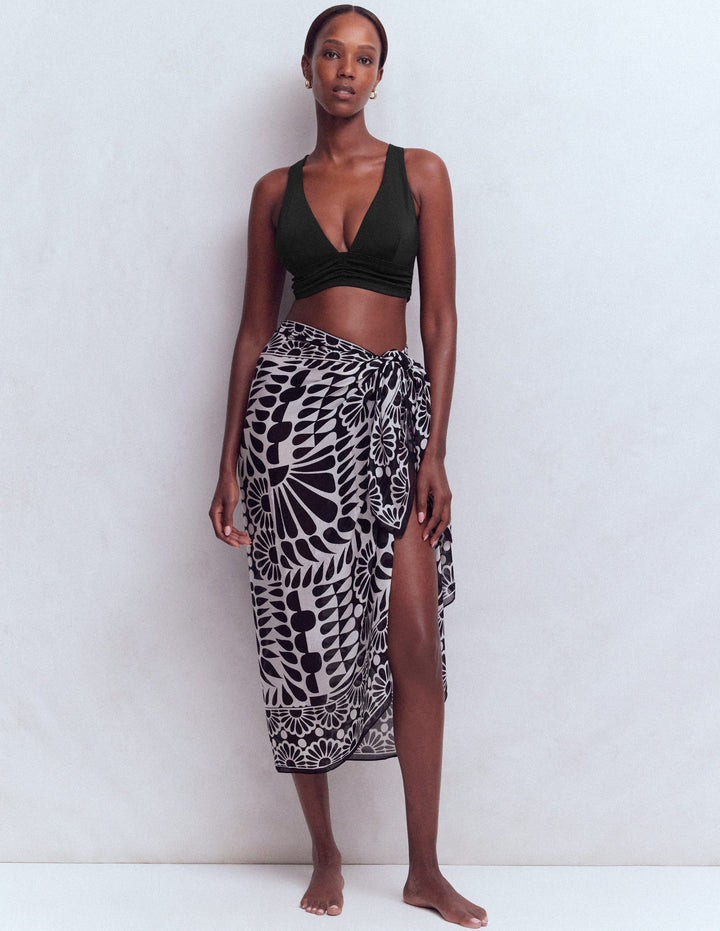 Foulard imprimé façon paréo-Noir, motif Geo Stamp