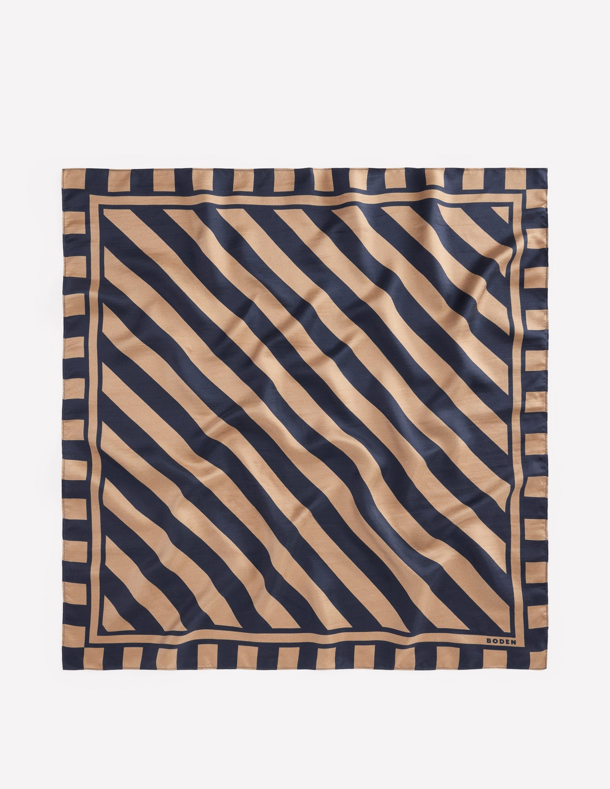 Elisabeth Quadratischer Seidenschal-Marineblau und Camel Streifen-4