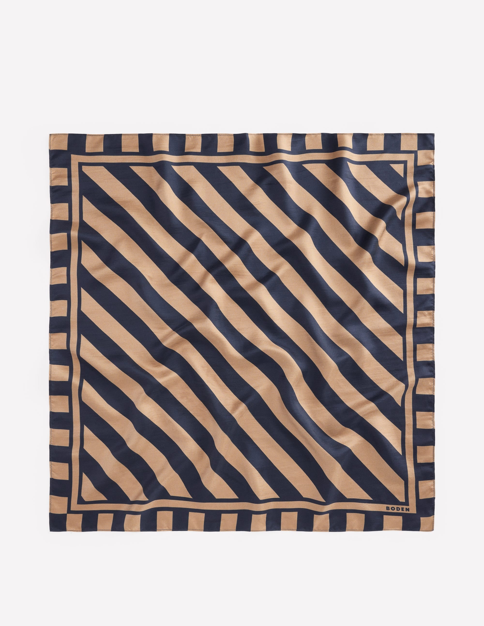 Elisabeth Quadratischer Seidenschal-Marineblau und Camel Streifen - Image 4