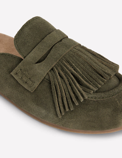 Sabots Etta façon mules avec franges-Vert olive profond-5
