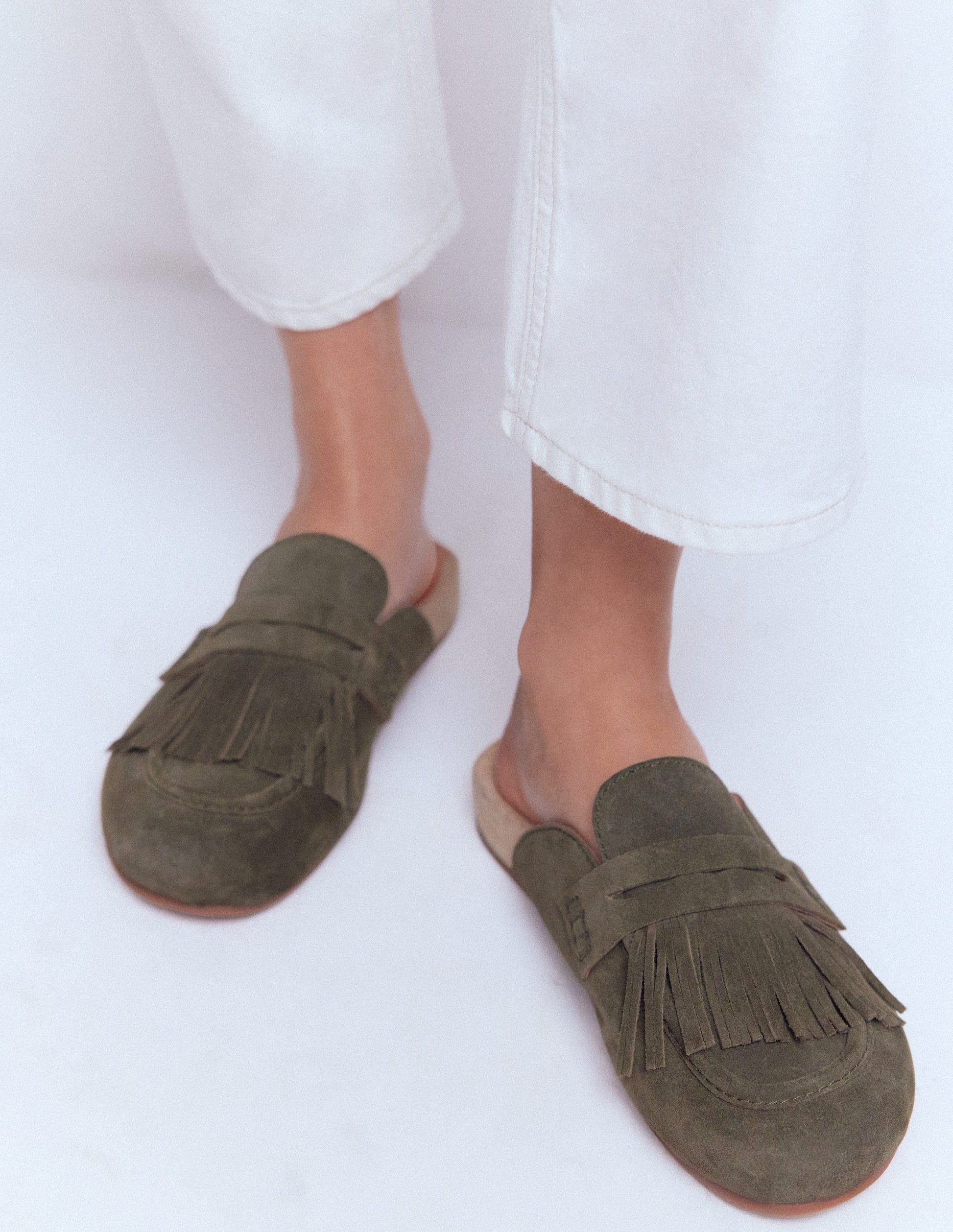 Sabots Etta façon mules avec franges-Vert olive profond-2