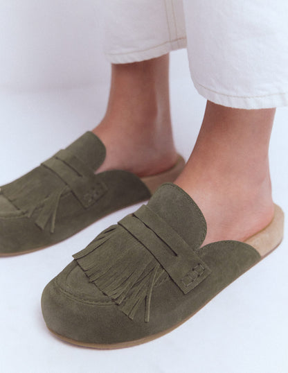 Sabots Etta façon mules avec franges-Vert olive profond-3