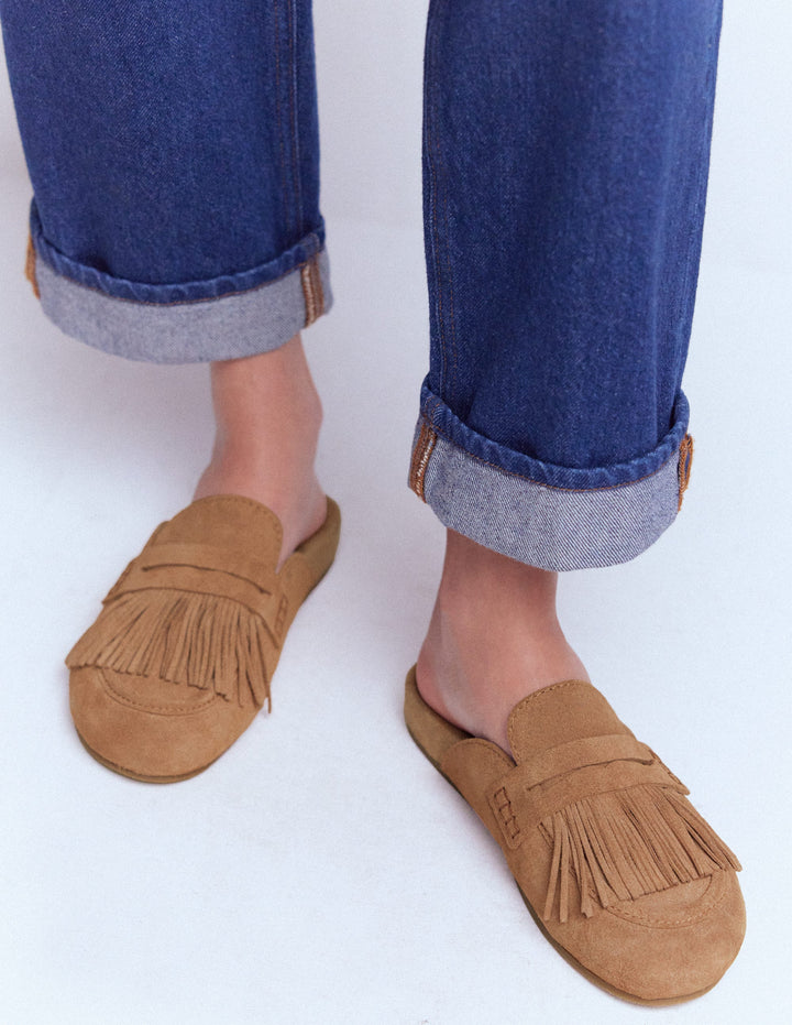 Sabots Etta façon mules avec franges-Fauve