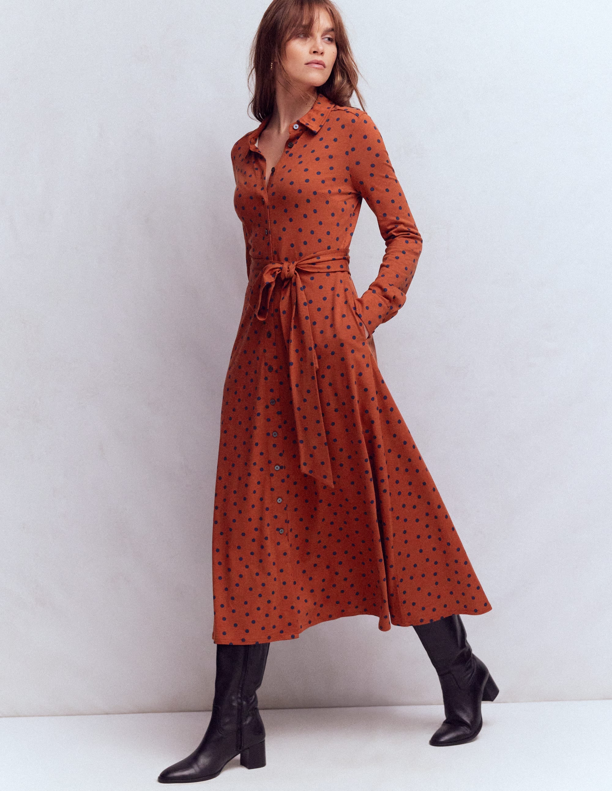 Robe-chemise Marcia en jersey-Orange brûlé, pois bleu marine - Image 4