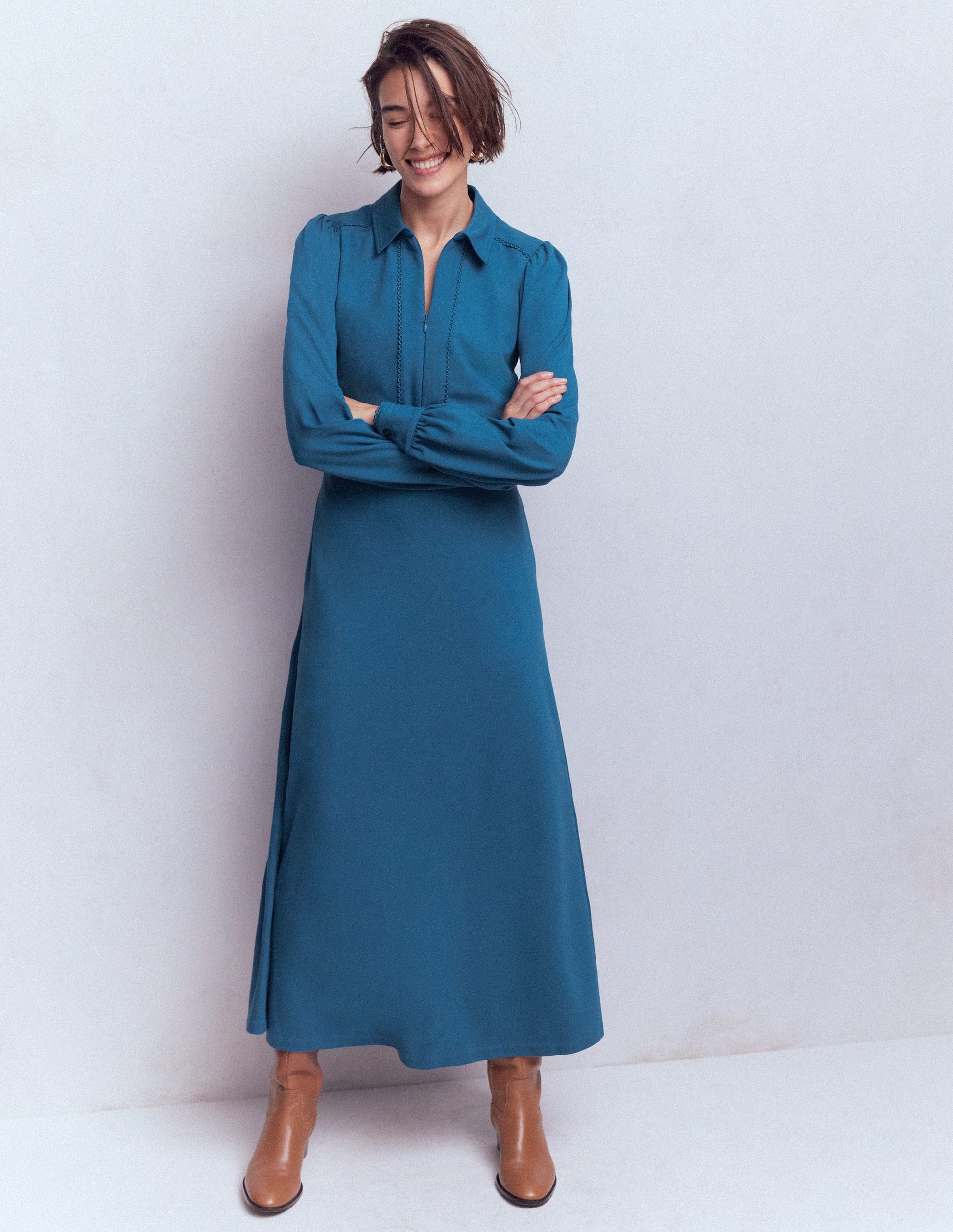 Paspeliertes Ponte-Midikleid mit Reißverschluss-Turmalinblau-3