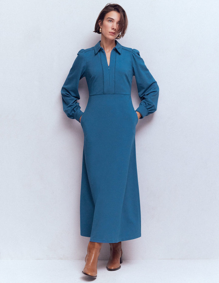 Paspeliertes Ponte-Midikleid mit Reißverschluss-Turmalinblau