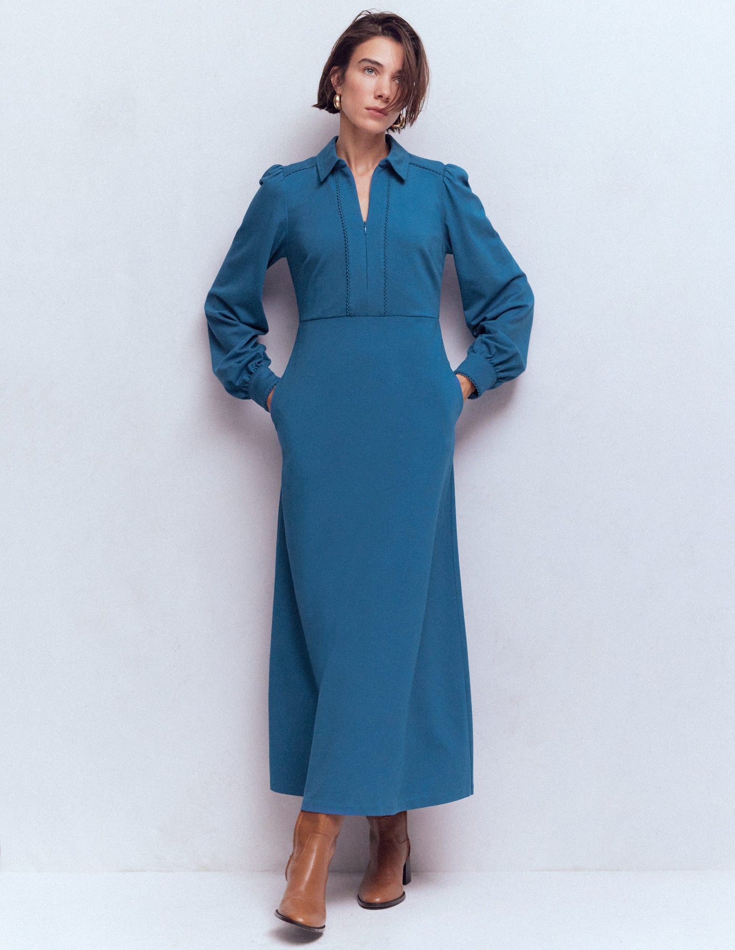 Paspeliertes Ponte-Midikleid mit Reißverschluss-Turmalinblau